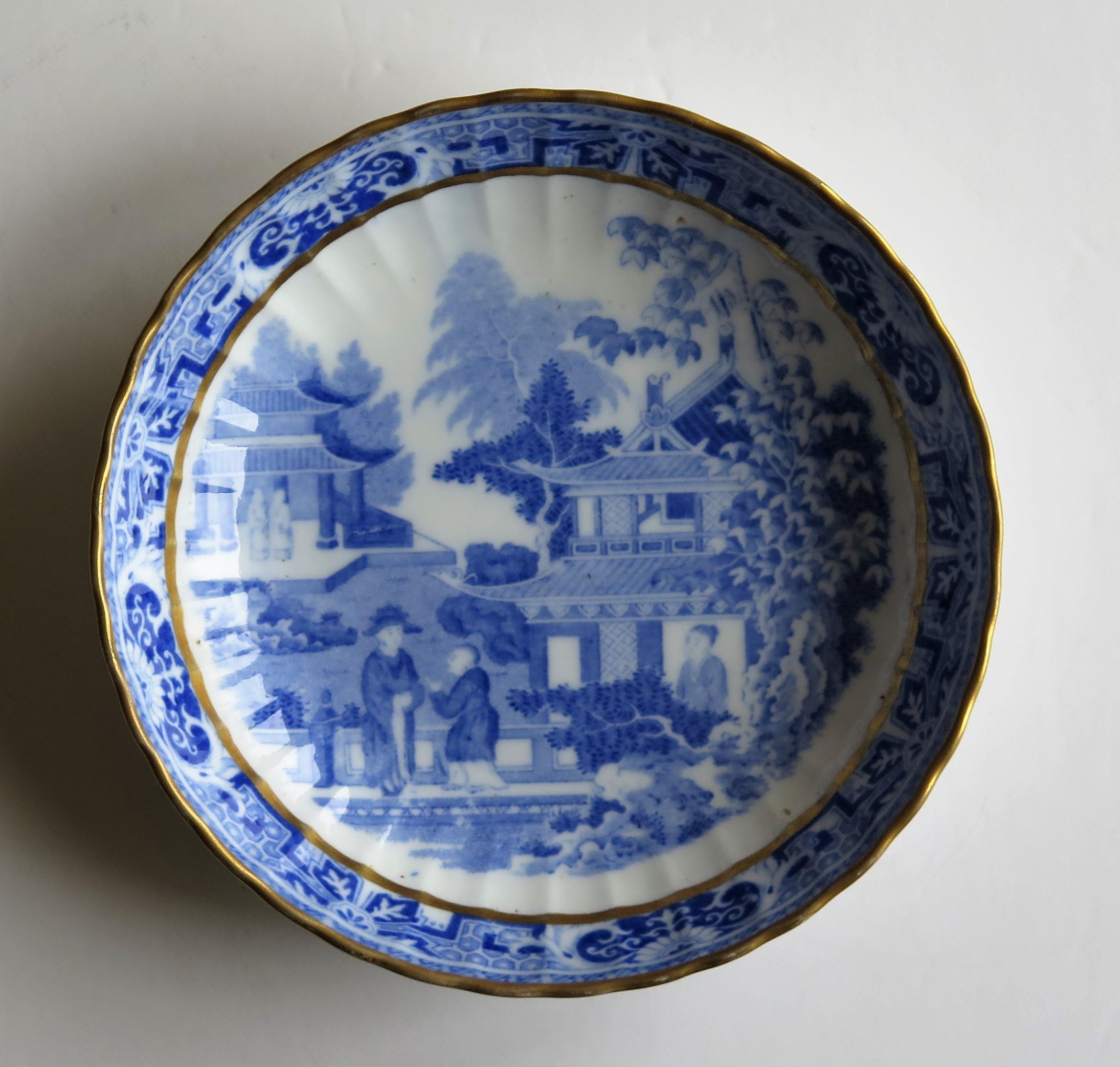 Glazed Miles Mason Saucer Dish Blue and White Porcelain Chinamen on Verandah Pattern