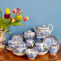 Miles Mason Tea Service, Pagoda Pattern Blue and White Transfer, Regency