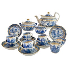 Miles Mason Tea Service, Pagoda Pattern Blue and White Transfer, Regency