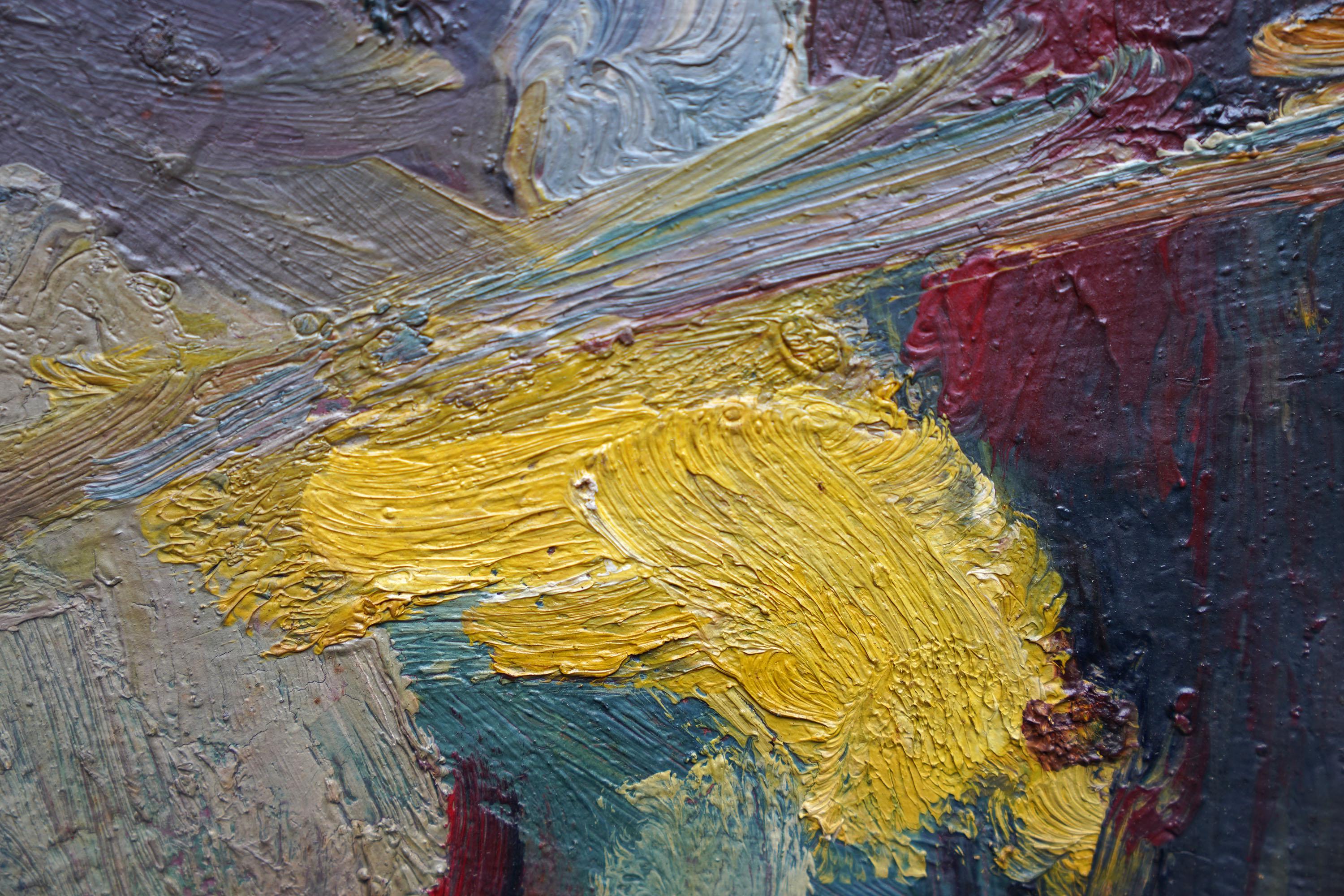Abstrakte Gelbe Blumen - Britische 1940er Jahre abstrakte Kunst floral Ölgemälde Blumen im Angebot 8