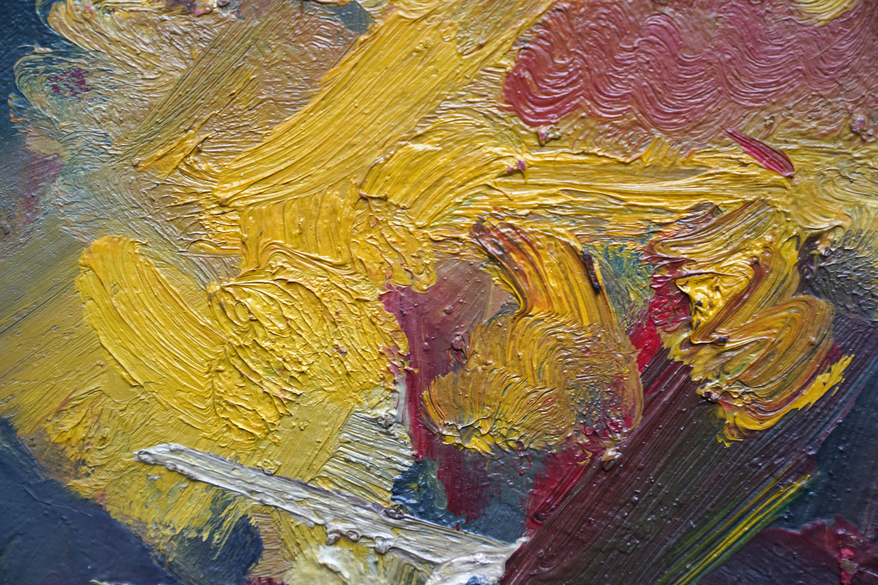 Abstrakte Gelbe Blumen - Britische 1940er Jahre abstrakte Kunst floral Ölgemälde Blumen im Angebot 9