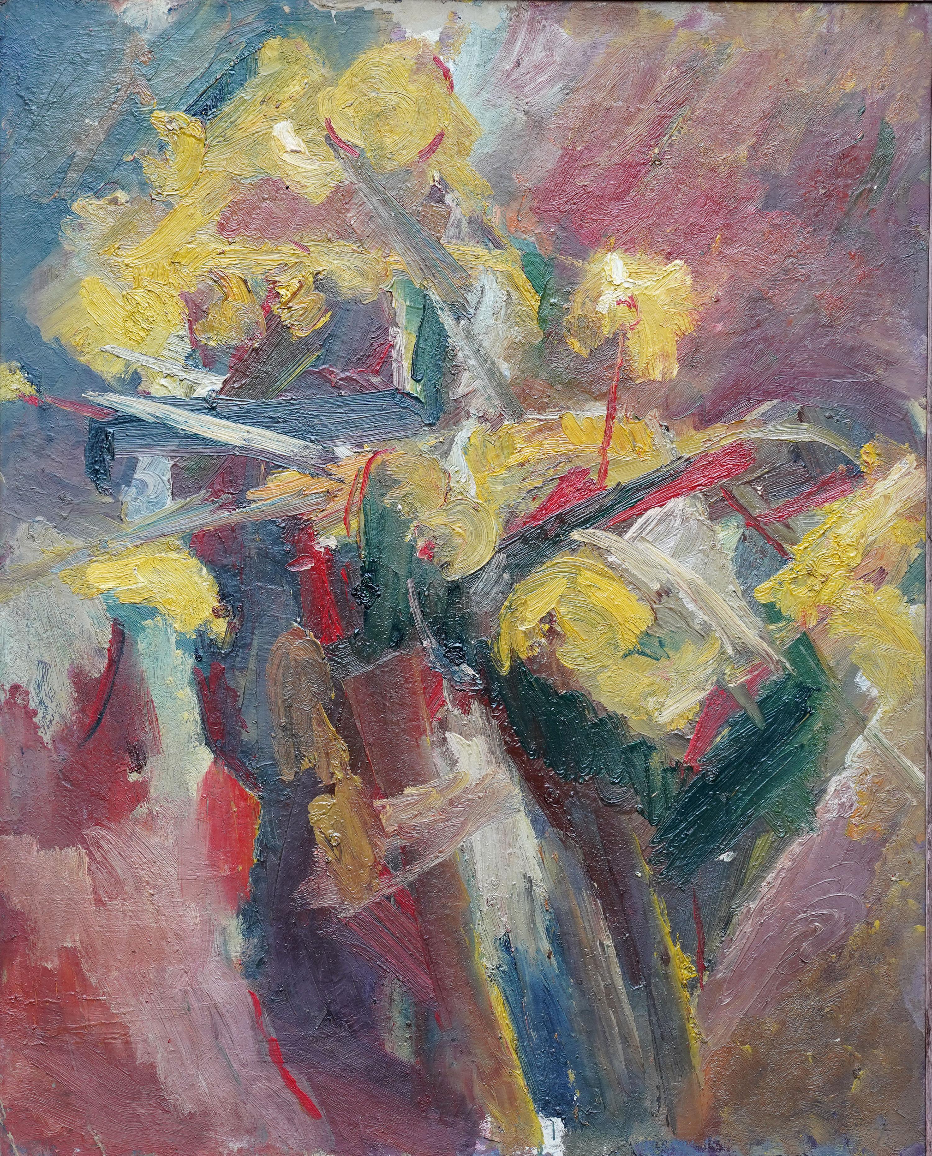 Abstrakte Gelbe Blumen - Britische 1940er Jahre abstrakte Kunst floral Ölgemälde Blumen im Angebot 10