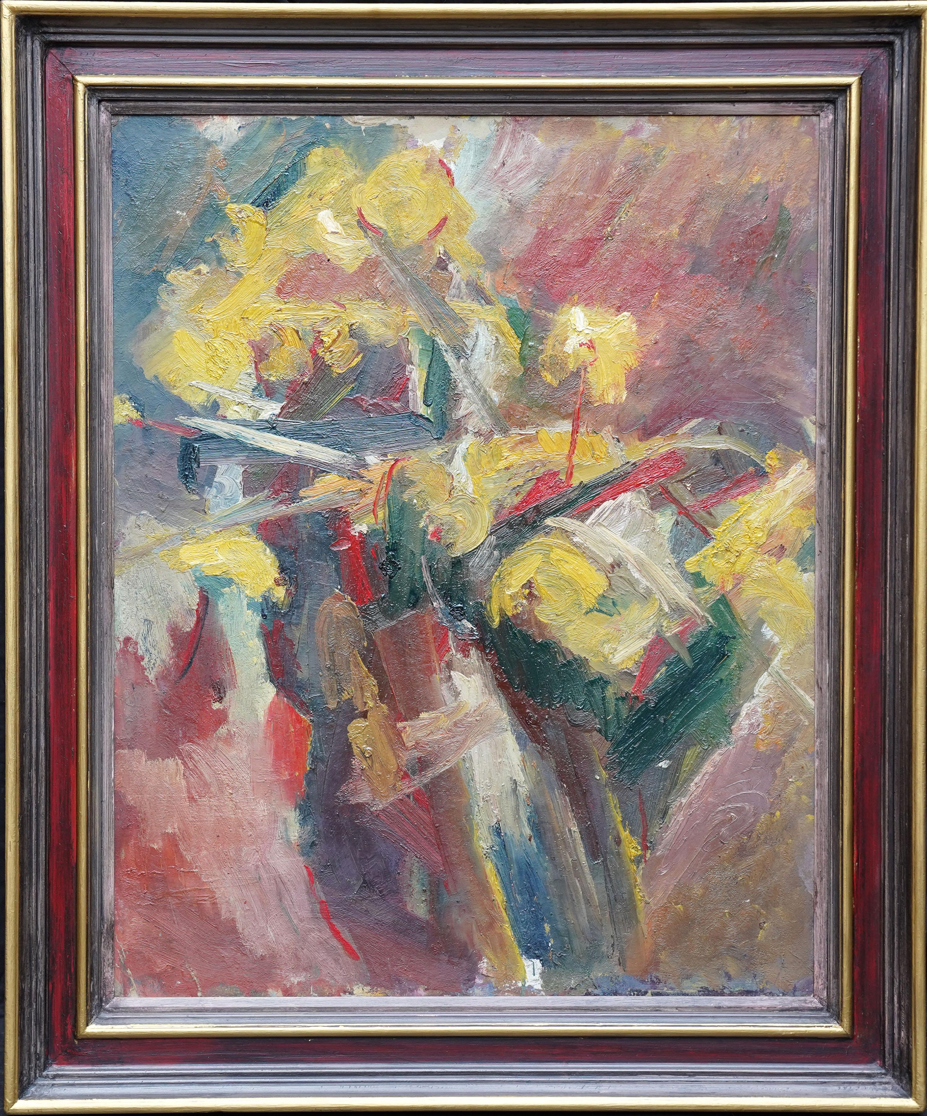 Abstrakte Gelbe Blumen - Britische 1940er Jahre abstrakte Kunst floral Ölgemälde Blumen im Angebot 11