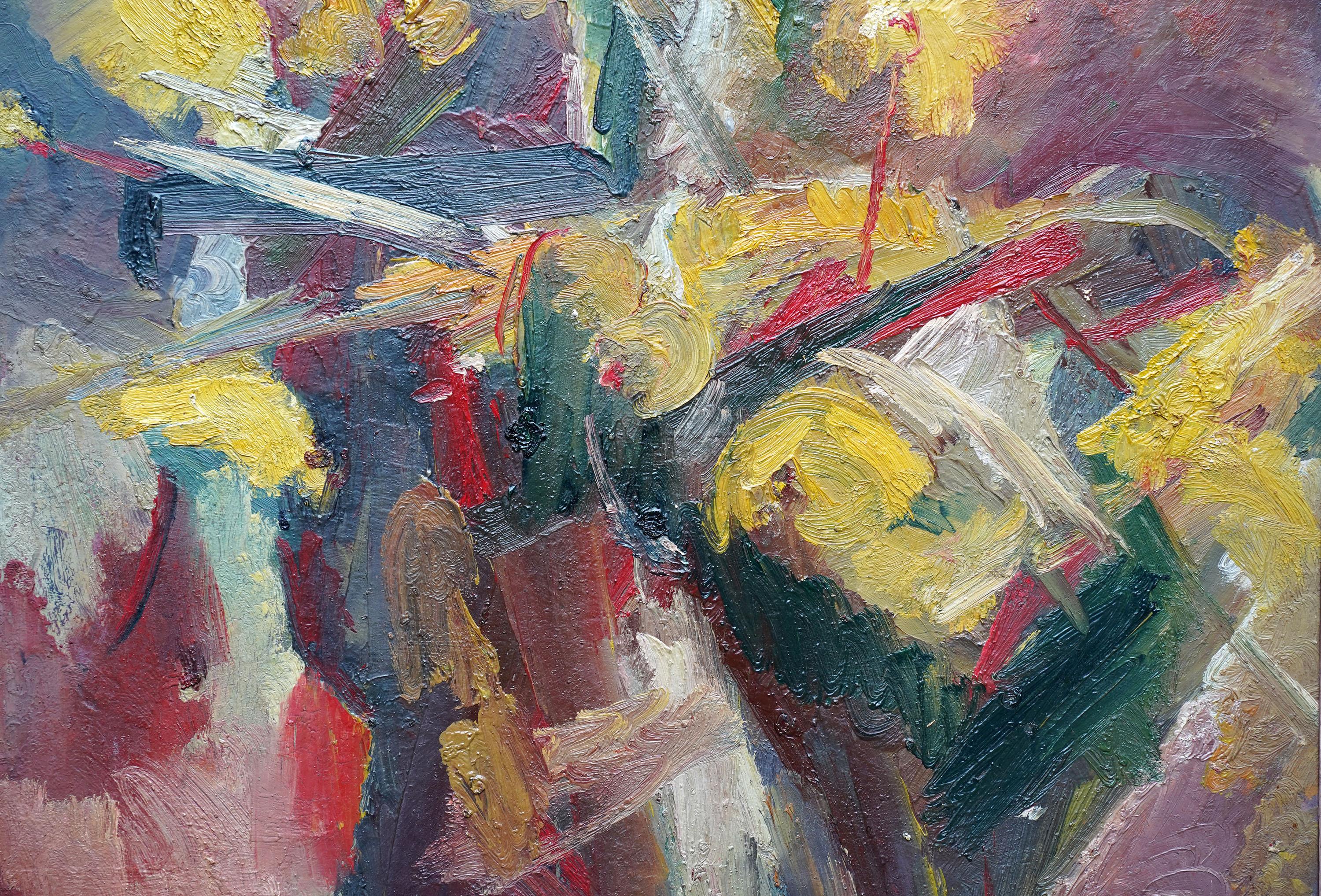 Abstrakte Gelbe Blumen - Britische 1940er Jahre abstrakte Kunst floral Ölgemälde Blumen (Grau), Abstract Painting, von Miles Peter Richmond