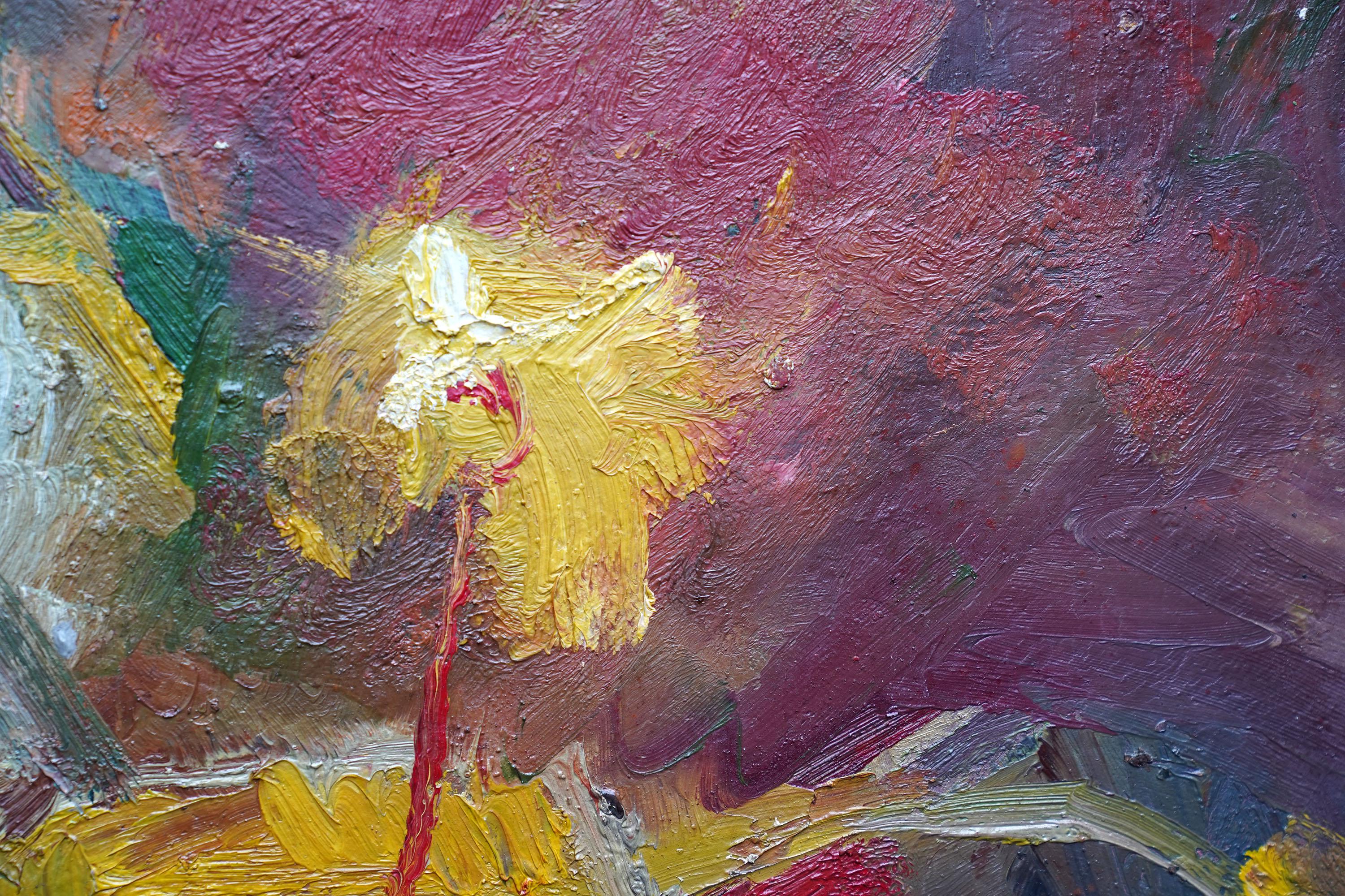 Abstrakte Gelbe Blumen - Britische 1940er Jahre abstrakte Kunst floral Ölgemälde Blumen im Angebot 1