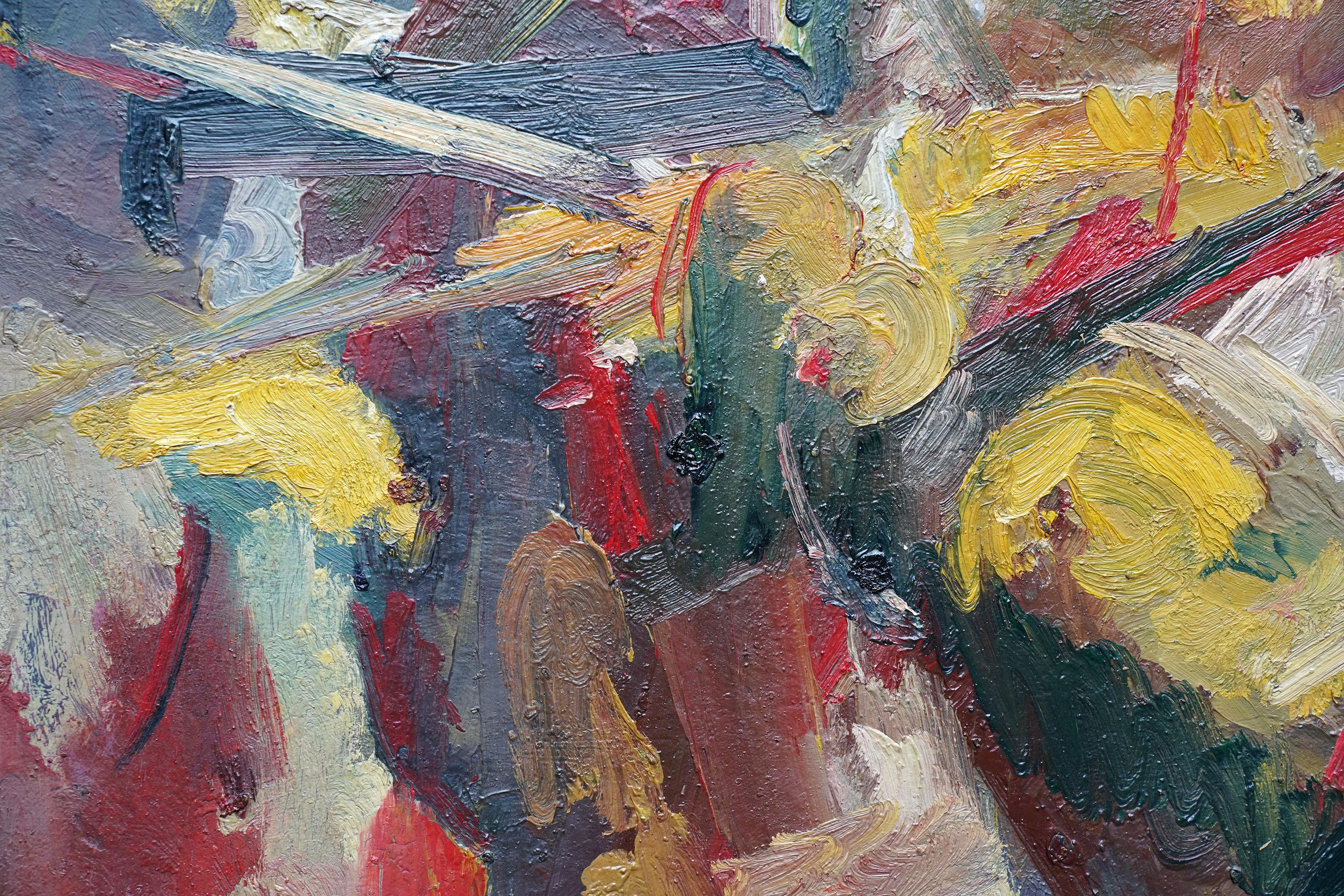 Abstrakte Gelbe Blumen - Britische 1940er Jahre abstrakte Kunst floral Ölgemälde Blumen im Angebot 2