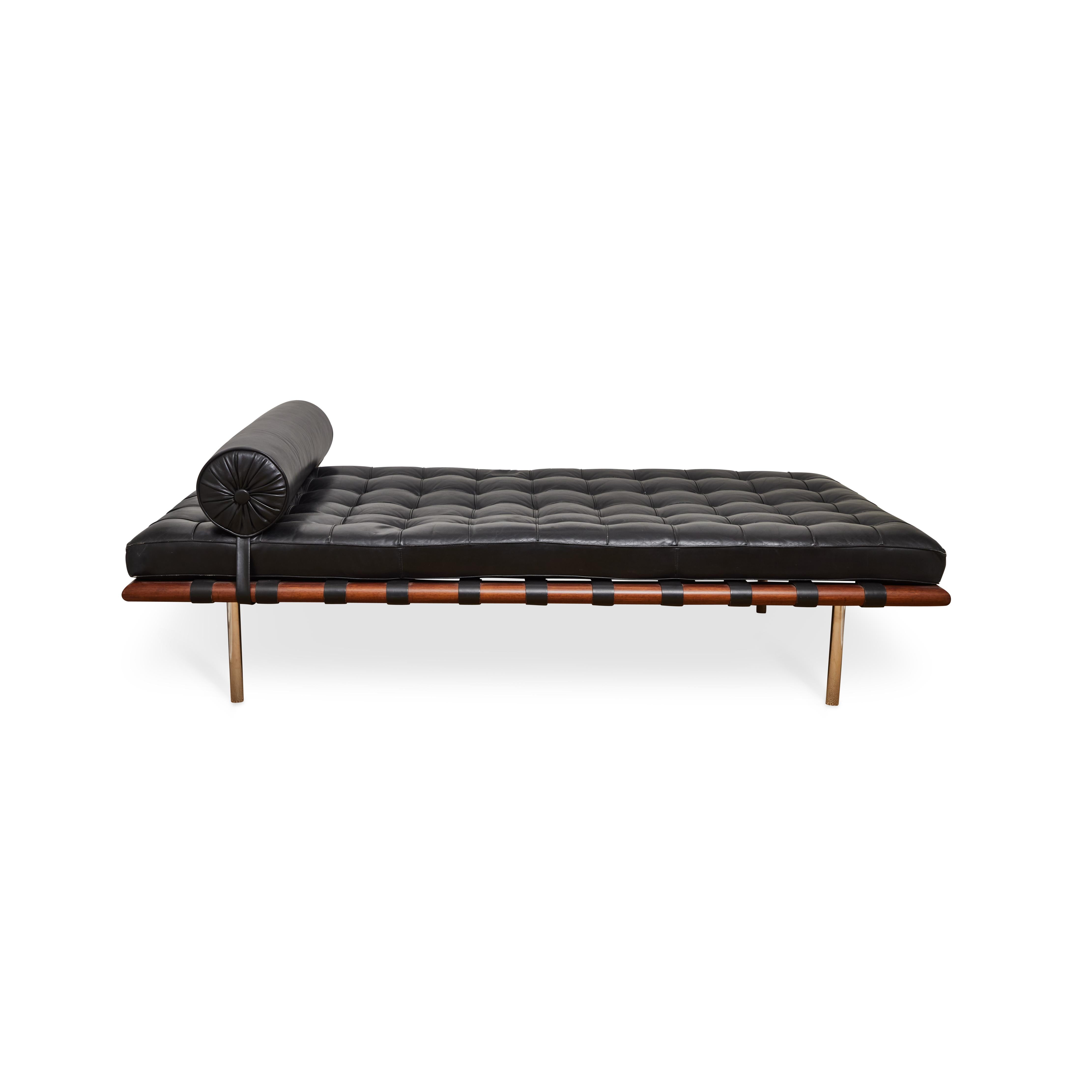 Classic and timeless design describes the Barcelona daybed designed by Miles van der Rohe for Knoll International.  This daybed has been restored to mint condition by certified Knoll restorer in Los Angeles.  Manufacturer's label to the underside of