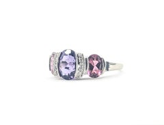 Milgrain Amethyst, Tourmaline & Diamond Ring in 14k White Gold