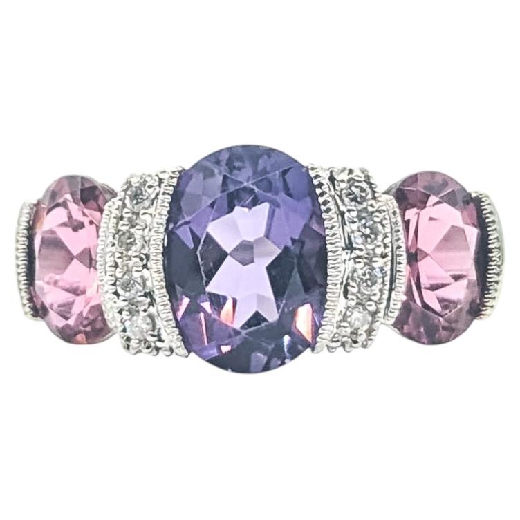 Milgrain Amethyst, Tourmaline & Diamond Ring in 14k White Gold For Sale