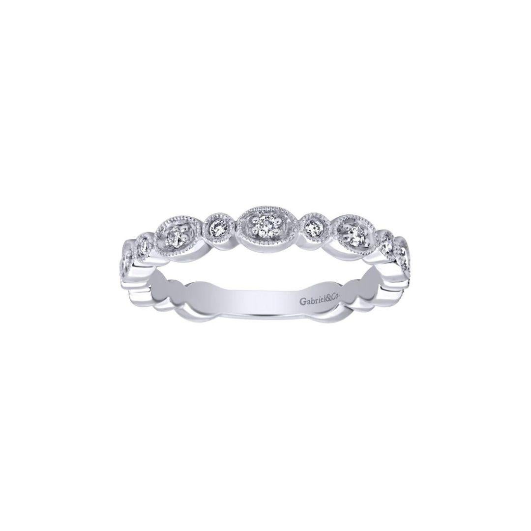 Milgrain finish scalloped weave diamond band in 14k white gold by bridal designer Gabriel Co. Band contains 0.22 ctw of fine white round diamonds, H color, SI clarity. Band is suitable as a fashion ring, anniversary ring, a wedding band or a