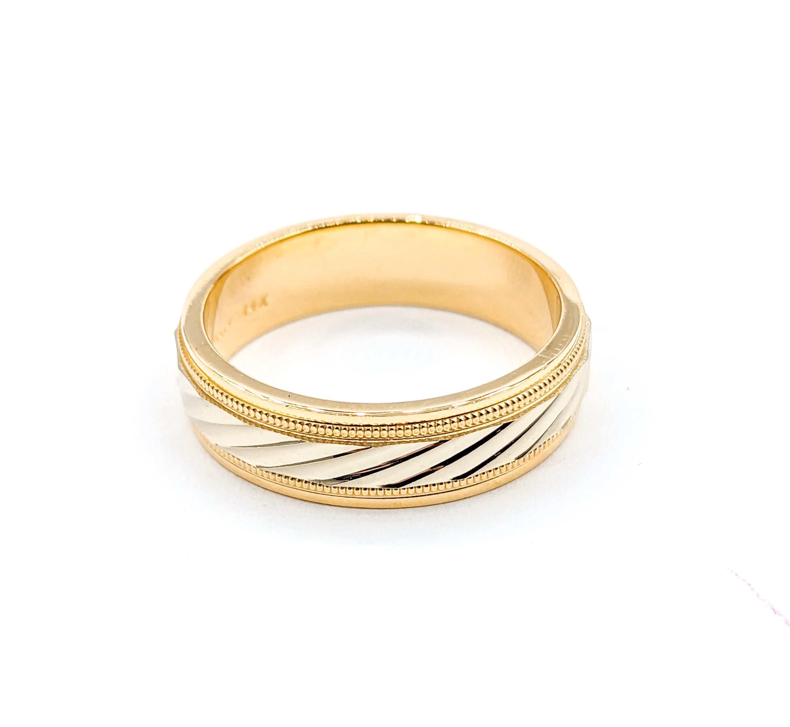 Contemporary Milgrain Stripped Men's Ring Yellow Gold For Sale