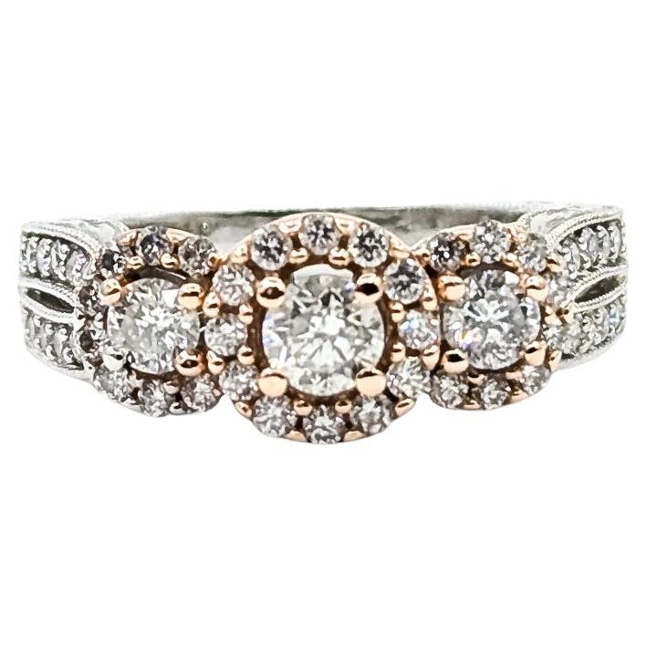 Milgrain Three-Stone Diamond Ring in 14k Two-Tone Gold For Sale