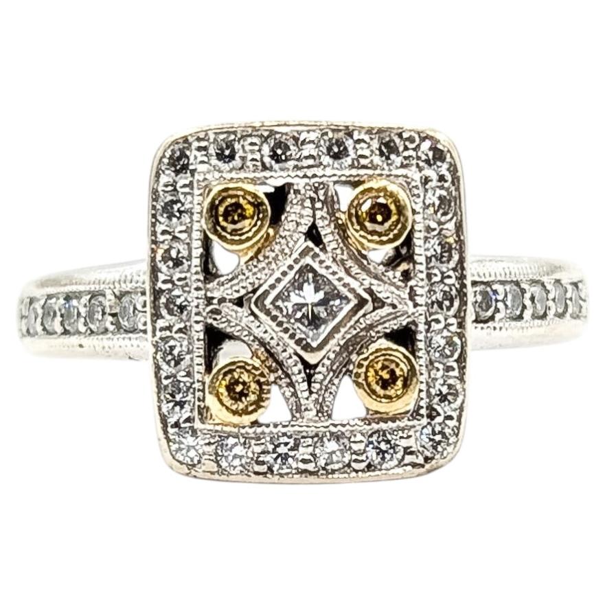 Milgrain White & Yellow Diamond Ring in 14k White Gold For Sale