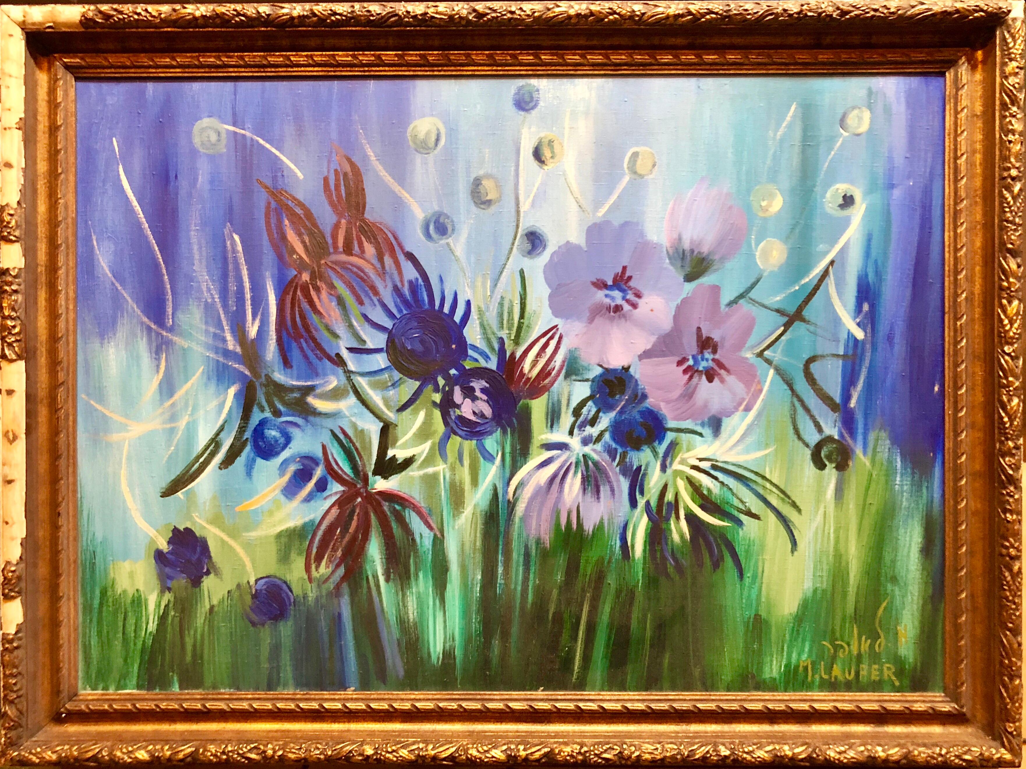 Grande peinture à l'huile israélienne de fleurs surréalistes vibrantes - Painting de Milia Laufer