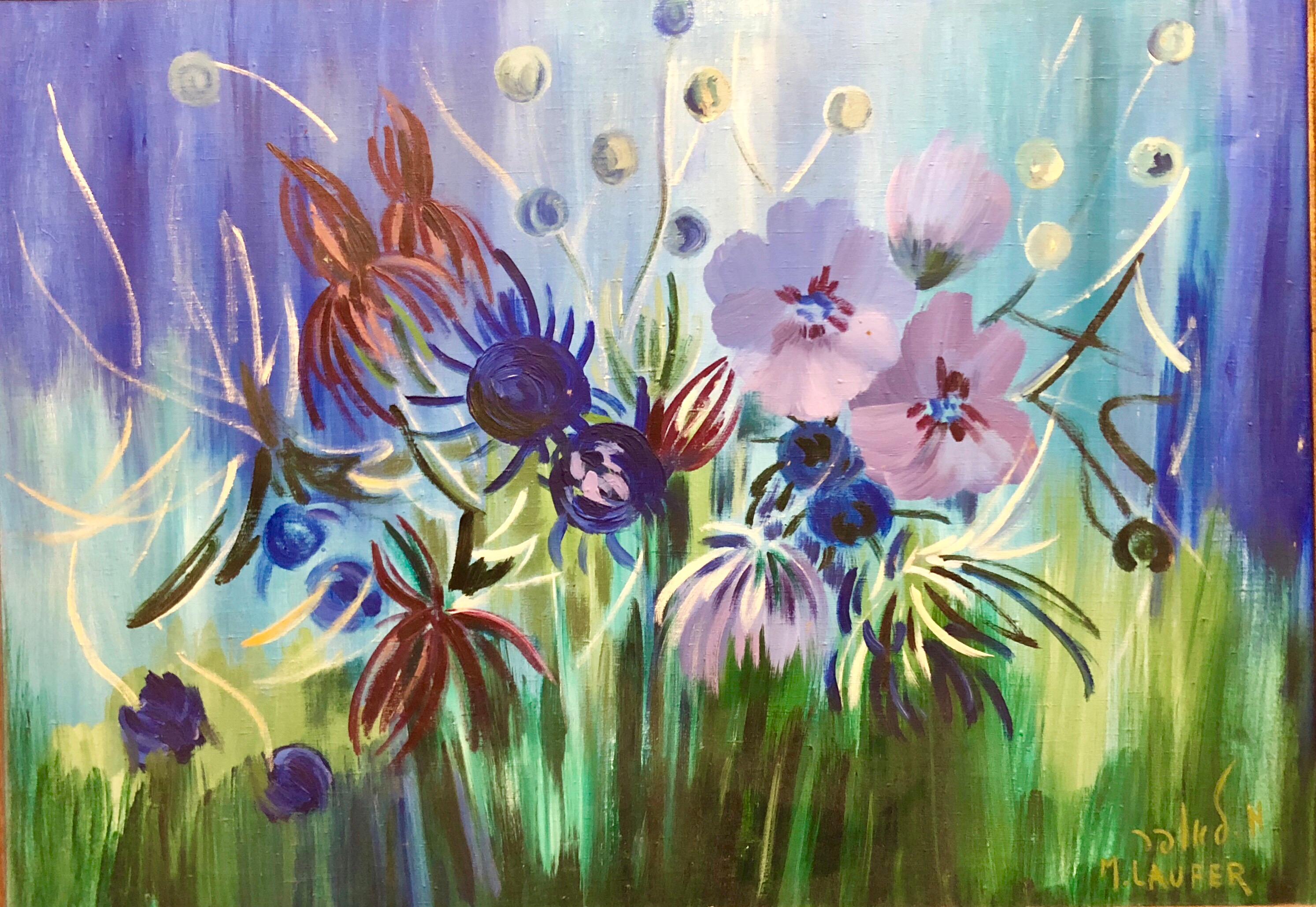 Grande peinture à l'huile israélienne de fleurs surréalistes vibrantes - Surréalisme Painting par Milia Laufer