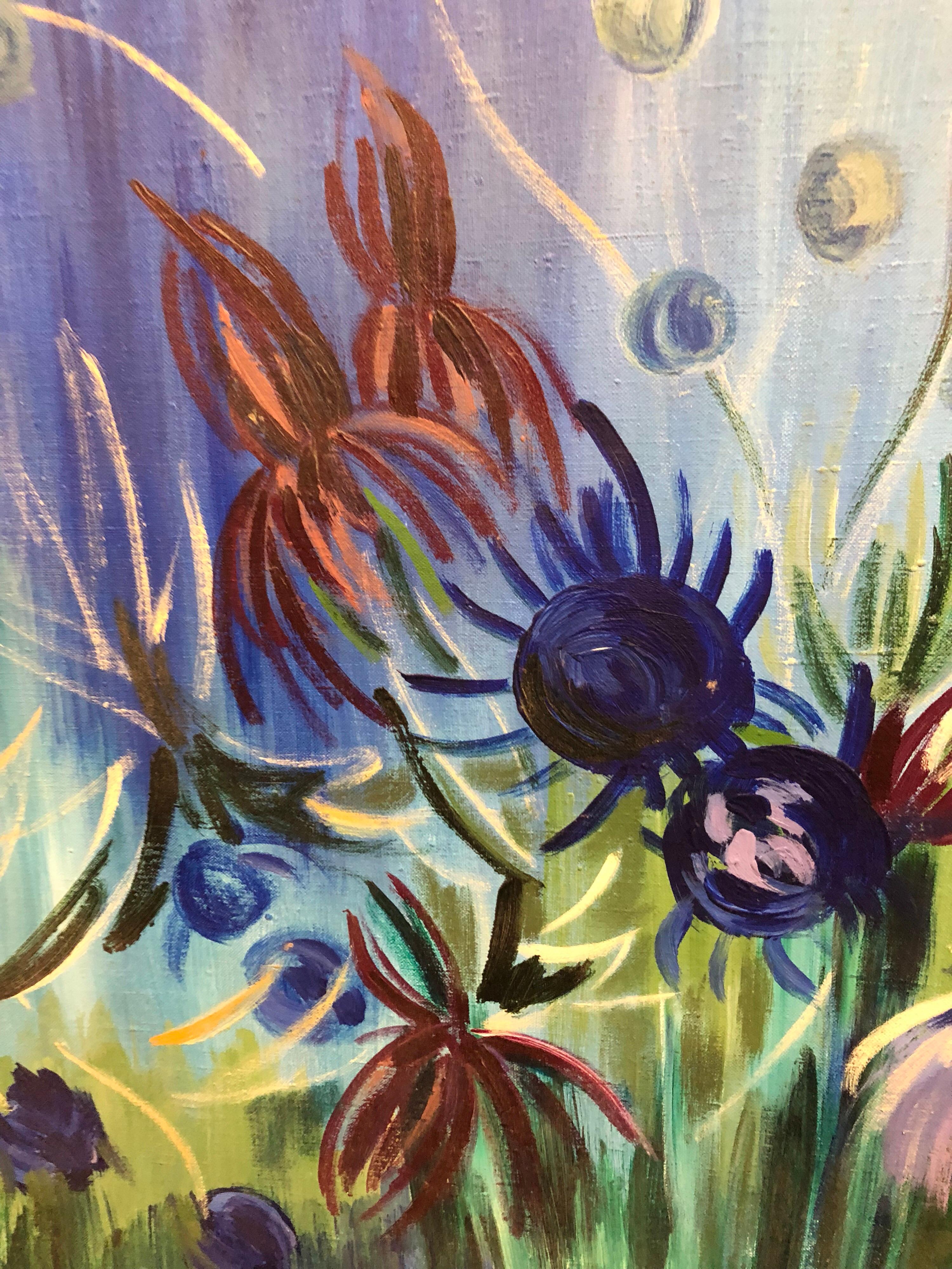 Pittura a olio israeliana di grandi dimensioni con fiori surreali e vibranti in vendita 1