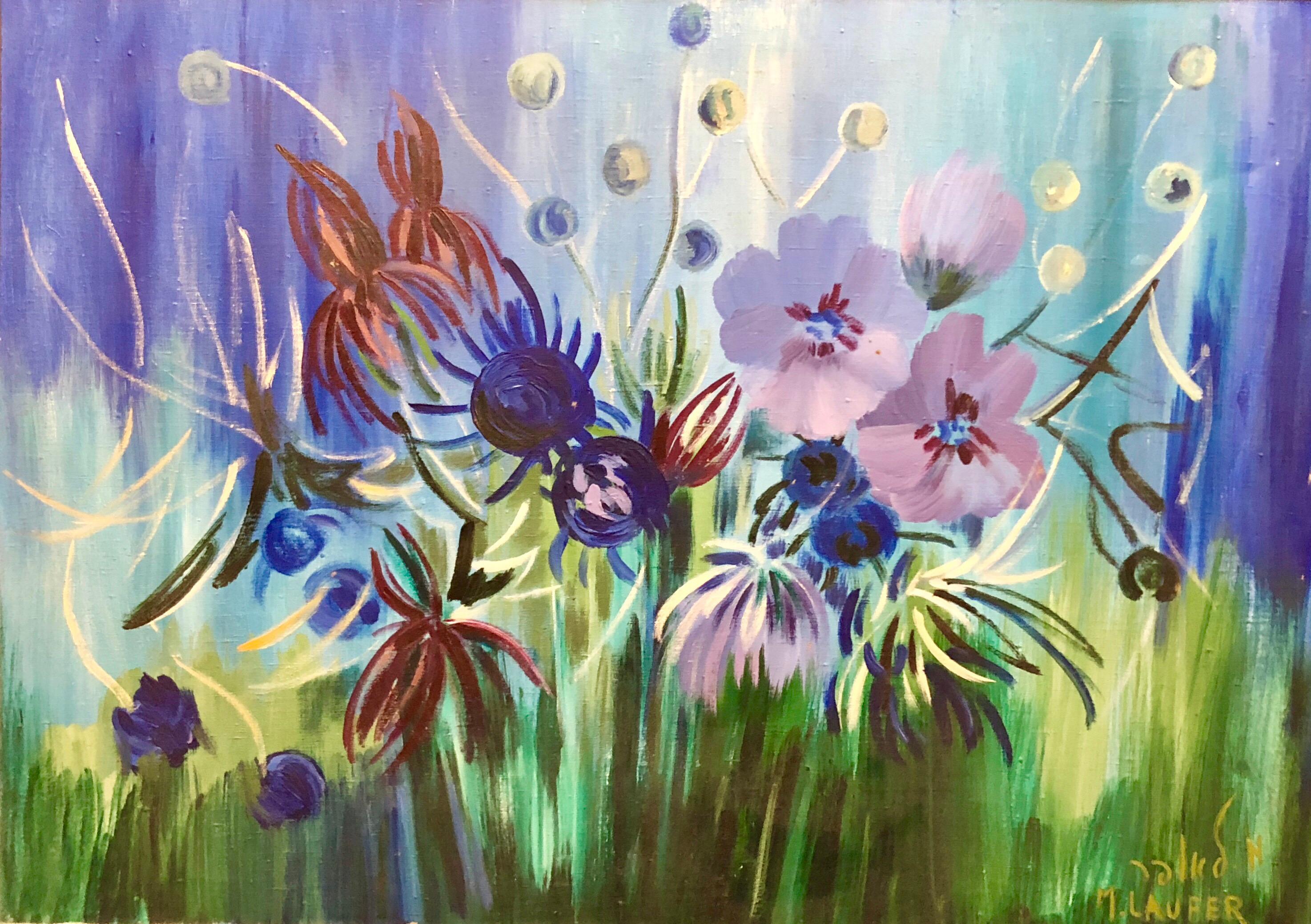 Still-Life Painting Milia Laufer - Grande peinture à l'huile israélienne de fleurs surréalistes vibrantes