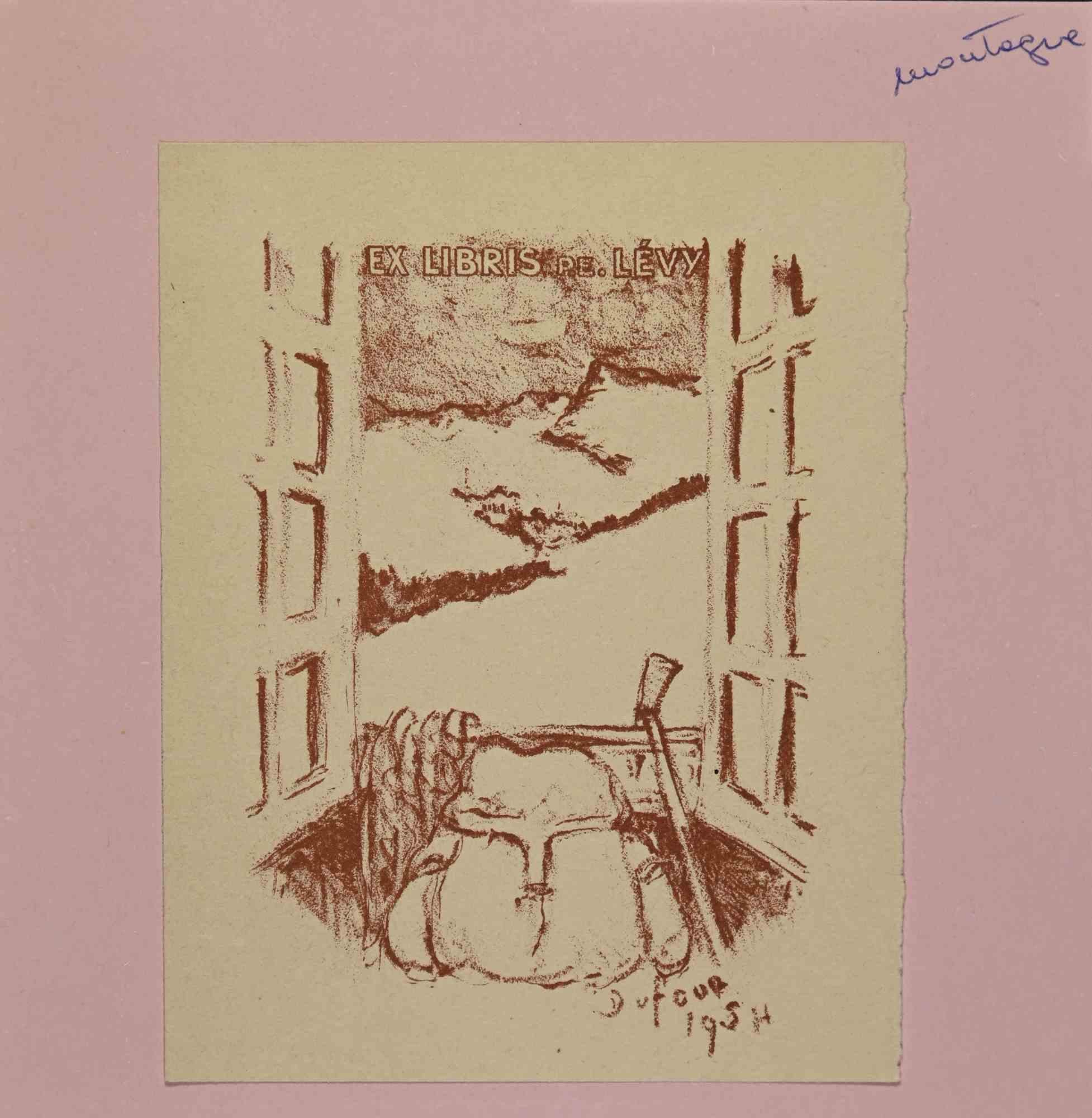 Ex Libris - Lévy is an Artwork realized in 1954, by the French Artist Émilien Dufour (1894-1975). 

Lithograph on paper. Signed on plate and dated on the right margin. 

The work is glued on pink cardboard.

Total dimensions: 16 x 16 cm.

Good