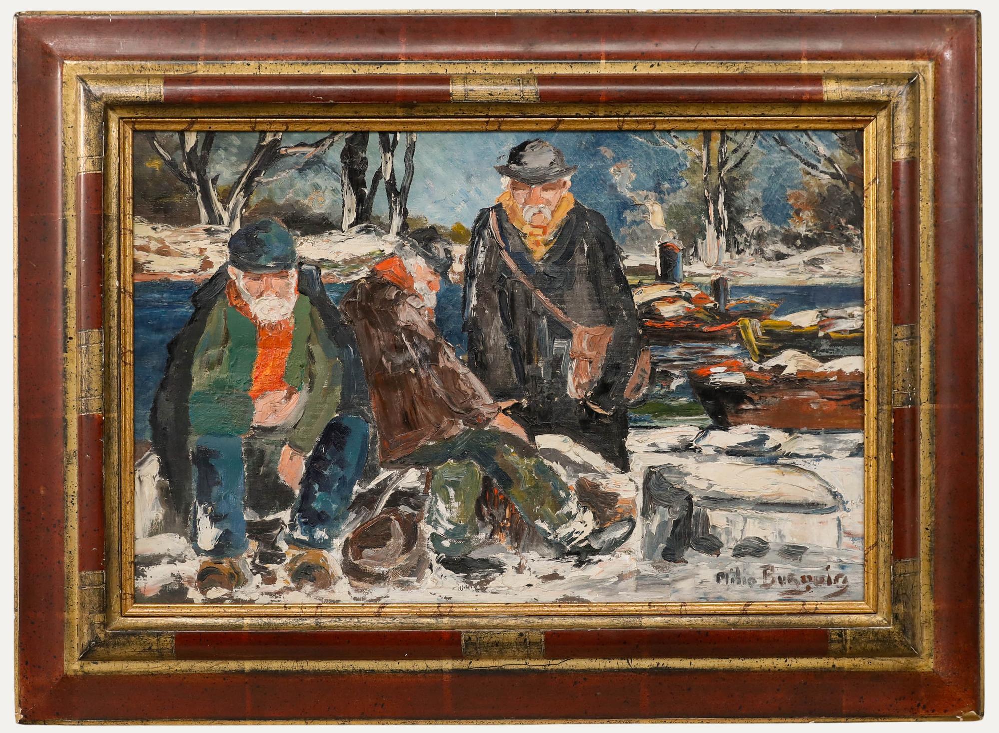 Dieses eindrucksvolle Öl von Milio Burquin zeigt drei Fischer, die eine Pause von der Arbeit machen. Die drei Männer sitzen mit ihren Netzen und der Eisbox da und wirken unzufrieden mit ihrem Fang und ratlos. Kahle Äste und eine Schneedecke wurden