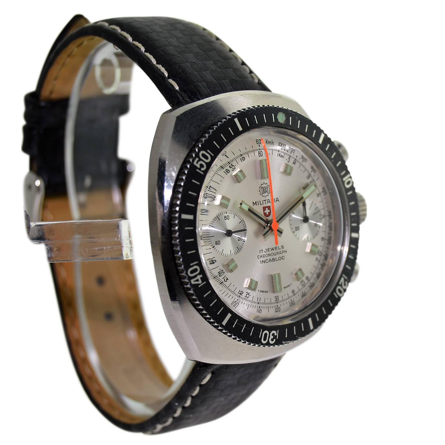 Militaria Edelstahl Stock Sport Chronograph Hand-Armbanduhr, 1970er Jahre im Angebot 1