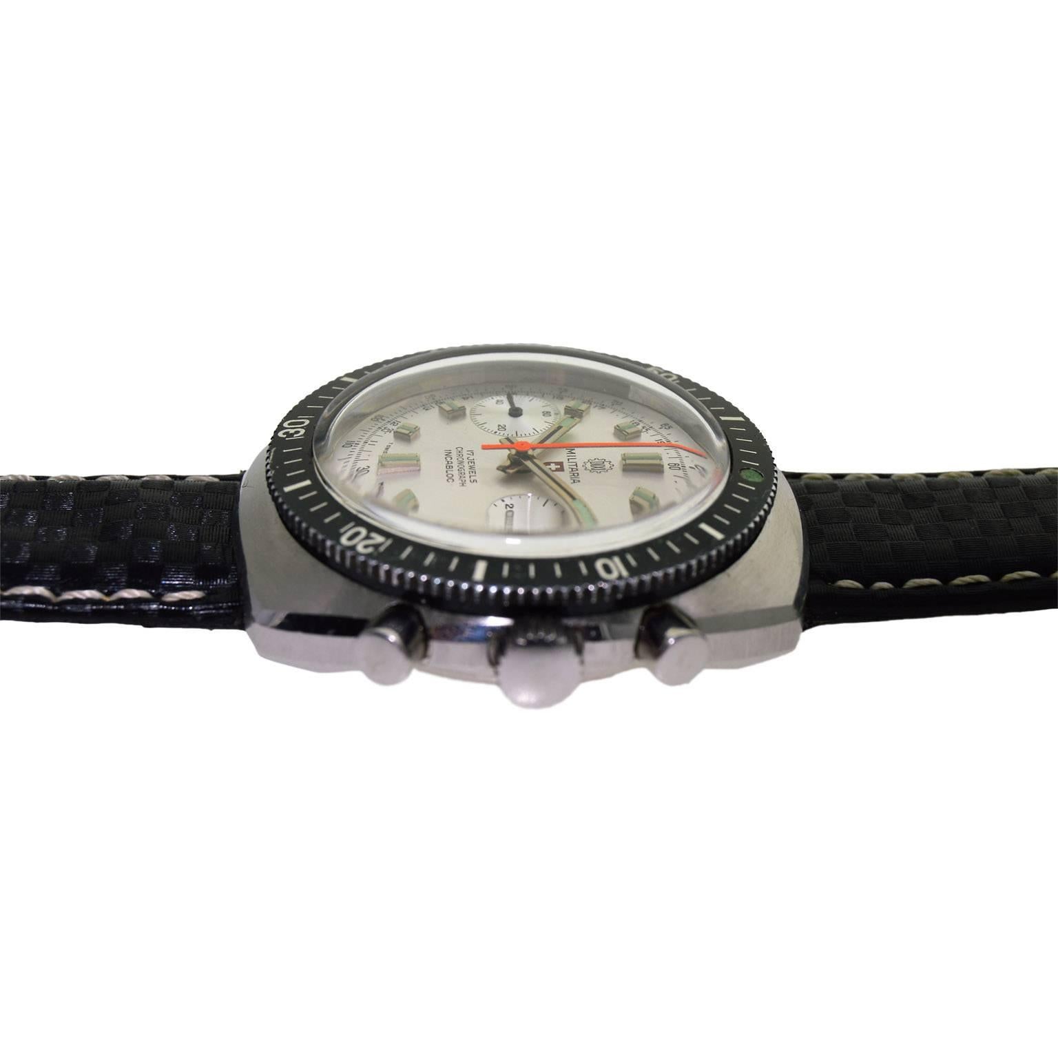Militaria Stainless Steel Stock Sport Chronograph Manual Wrist Watch, 1970s In New Condition In Long Beach, CA