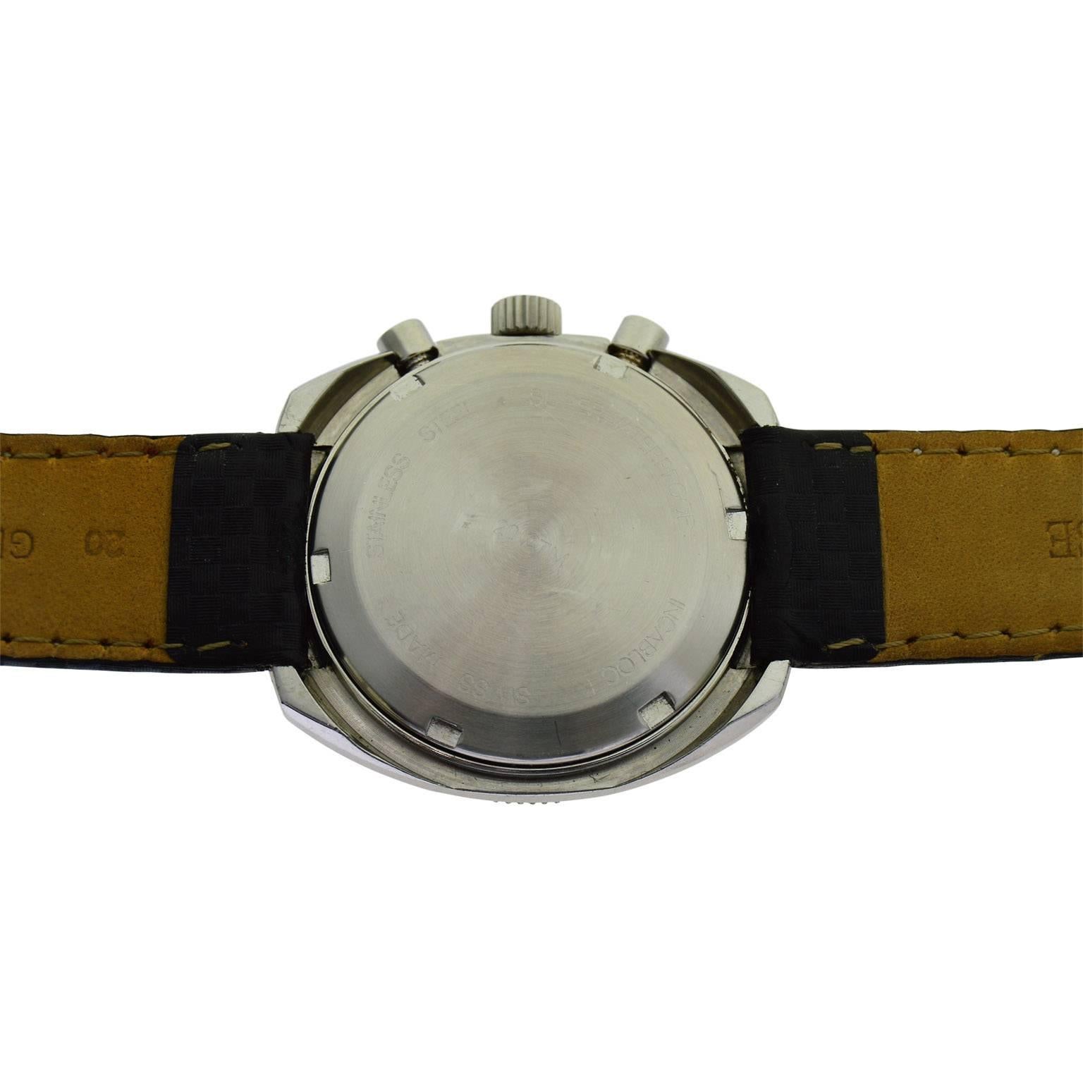 Militaria Edelstahl Stock Sport Chronograph Hand-Armbanduhr, 1970er Jahre im Angebot 4