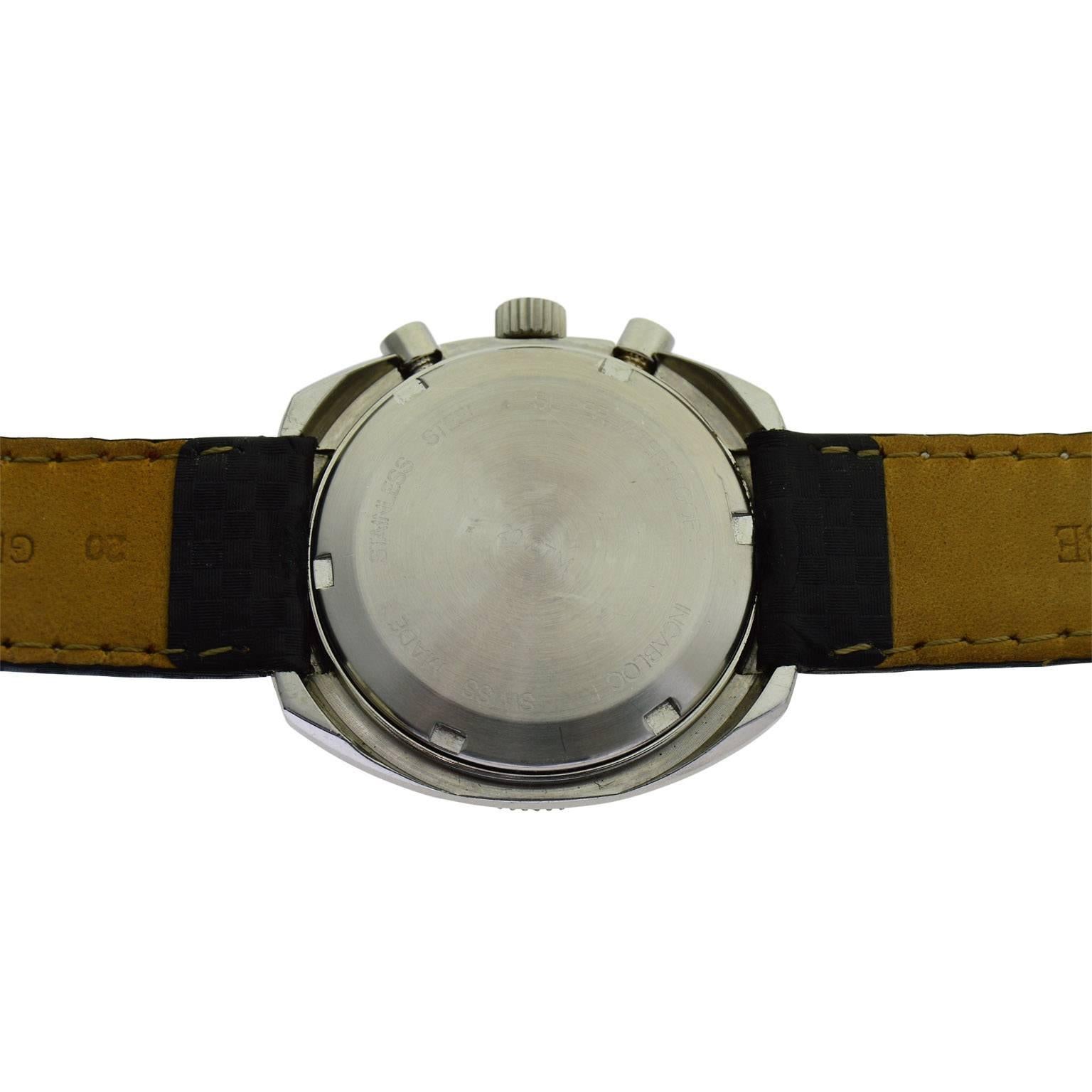 Militaria Stainless Steel Stock Sport Chronograph Manual Wrist Watch, 1970s 1