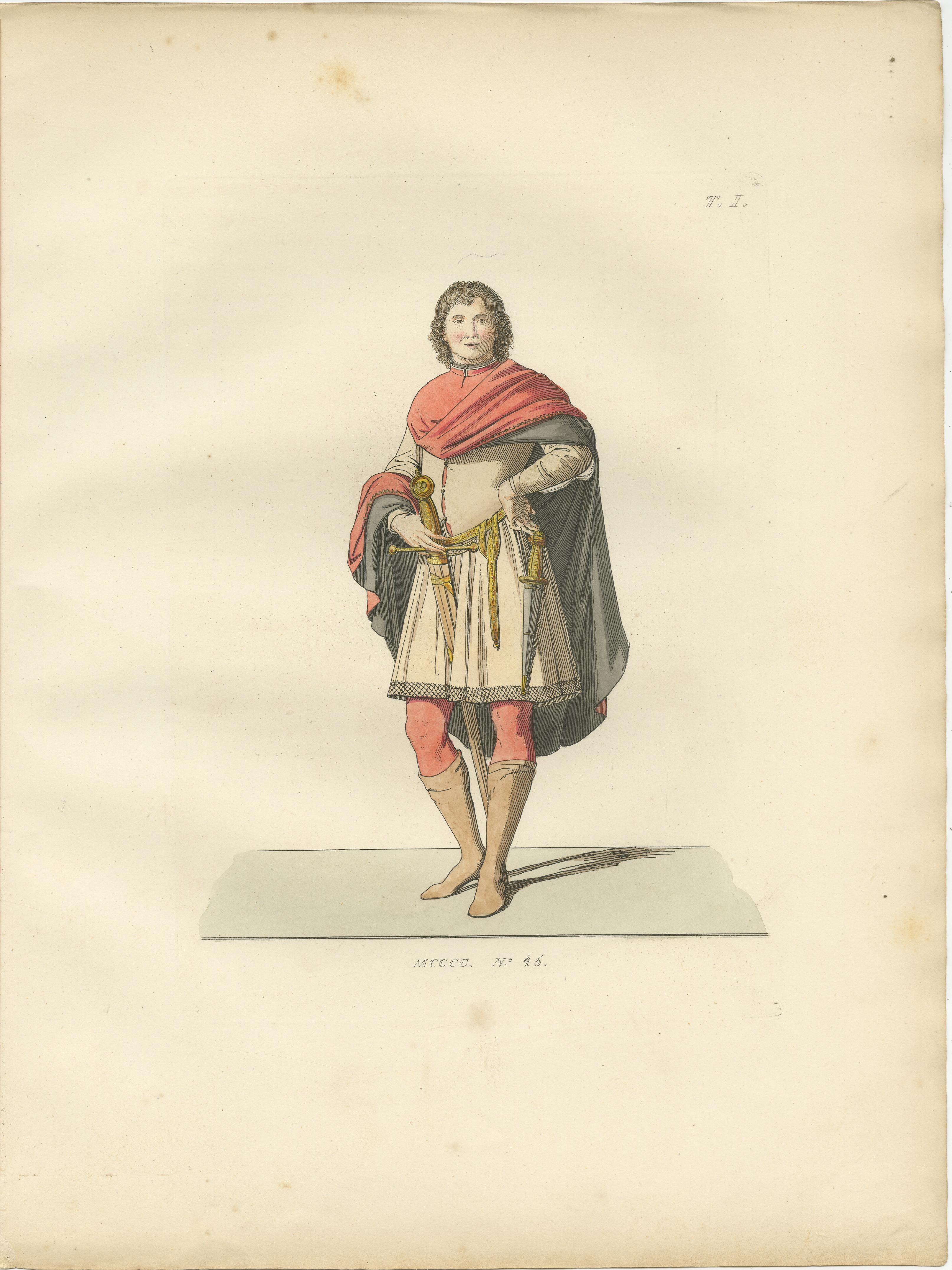Military and Judicial Costumes from Medieval Italian Society

This striking set of three hand-colored costume prints provides a vivid window into the structured and ceremonial dress of medieval Italy, focusing on the spheres of military presence and
