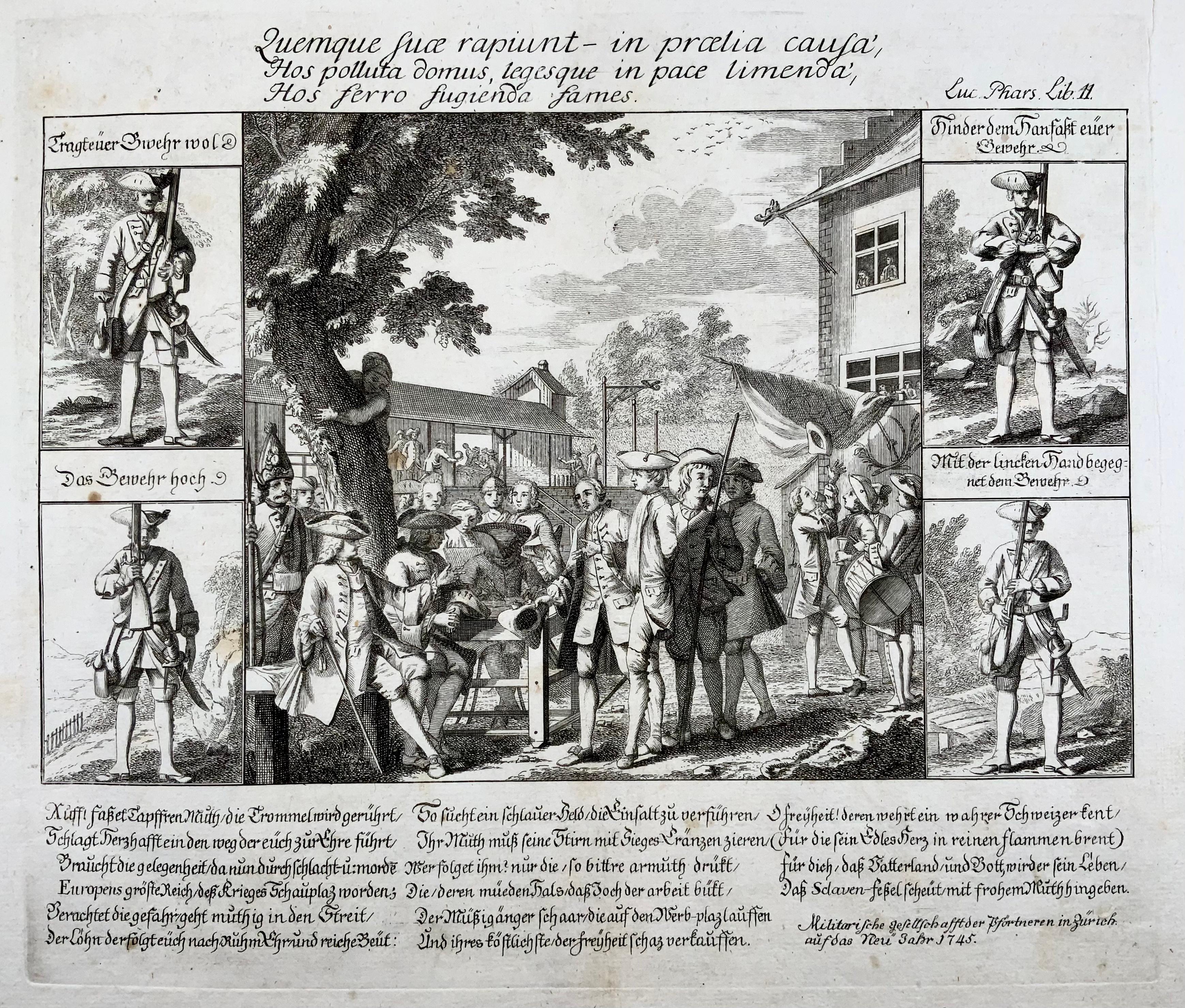 Quemque suae rapiunt - in proelia cause, Hos polluta do us, legesque in pace limenda, Hos ferro fugiendo fames

Rare Broadside depiction of an Army Recruiting scene with descriptive text.

Etching.

Although unsigned, the work is attributed to