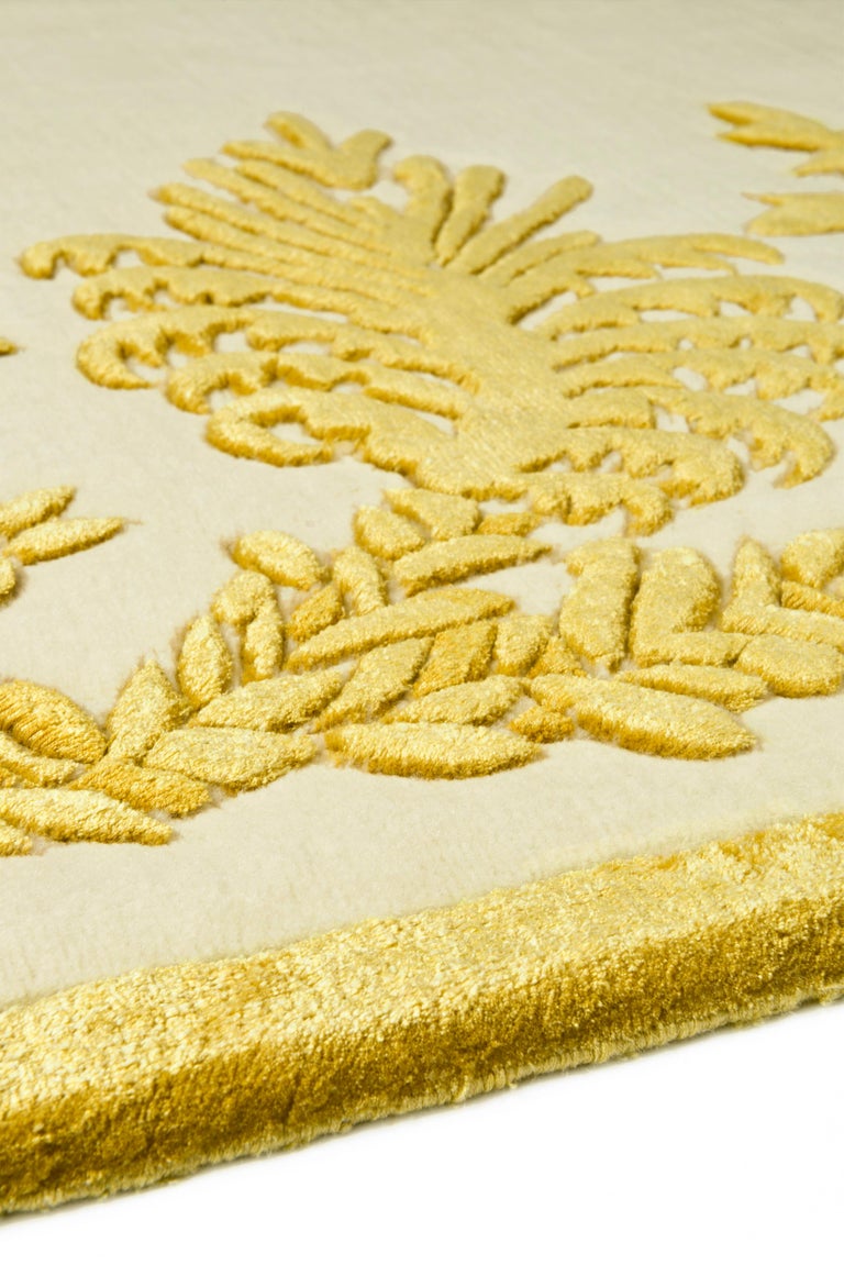 Military Brocade Ivory HandKnotted 10x8 Rug in Wool and Silk by