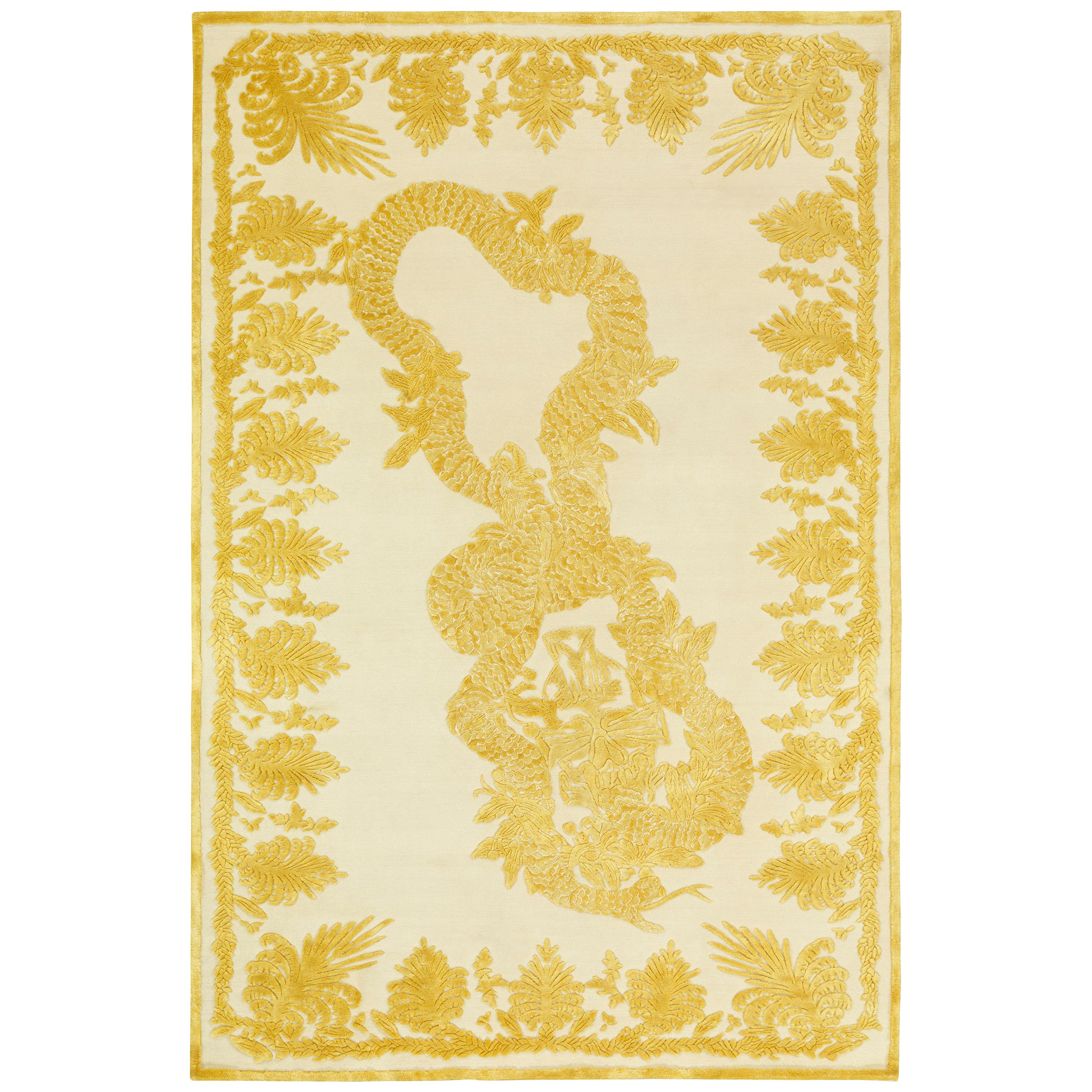 Military Brocade Ivory Hand-Knotted Area Rug in Wool & Silk by Alexander McQueen