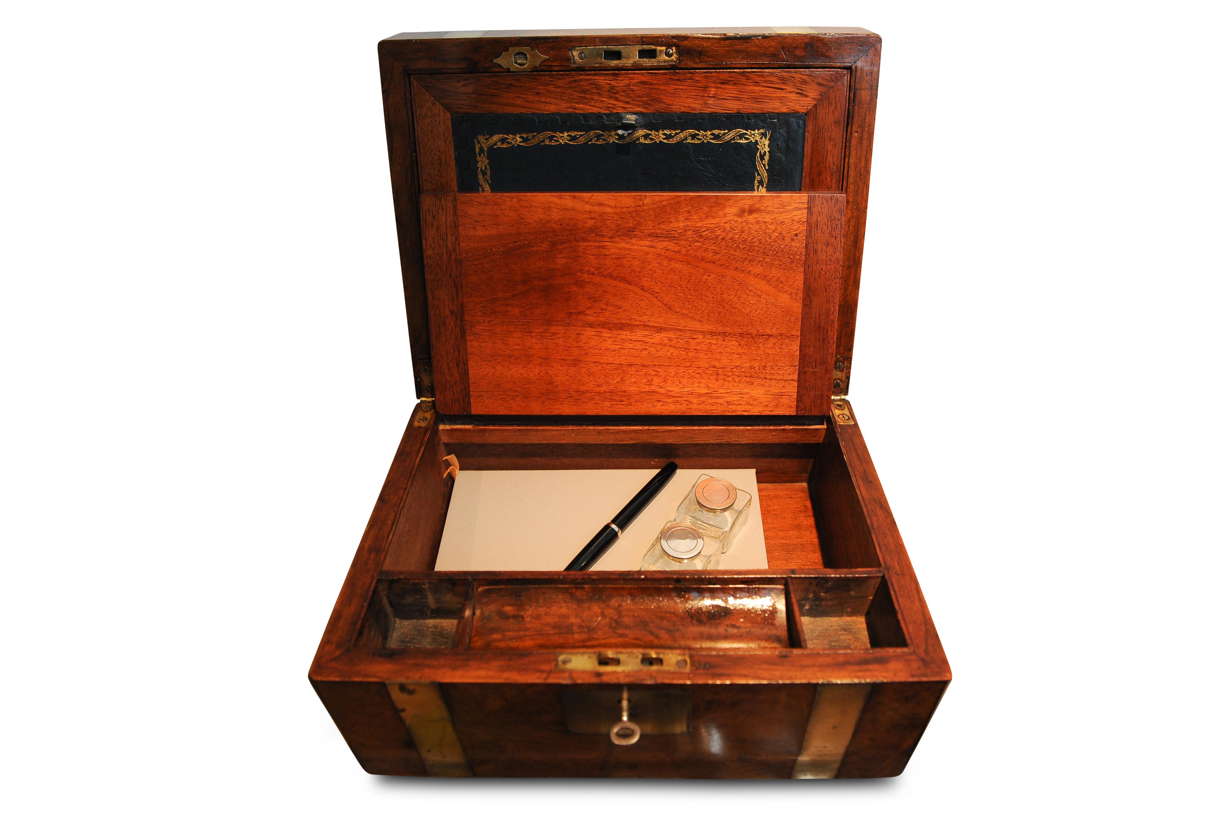 Hand-Crafted Military Campaign Brass Bound Victorian Burr Walnut Veneered Writing Slope & Key For Sale