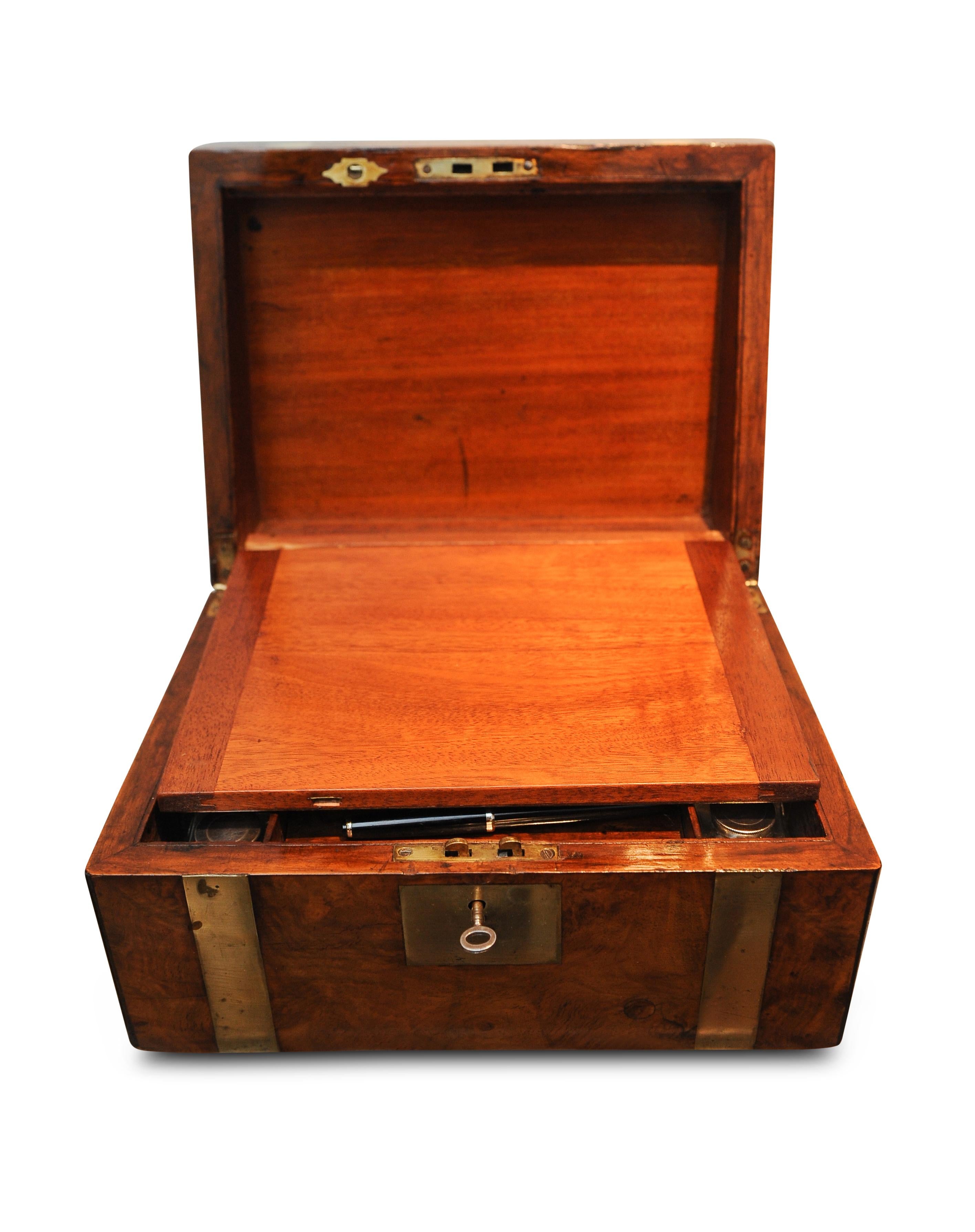 Mid-19th Century Military Campaign Brass Bound Victorian Burr Walnut Veneered Writing Slope & Key For Sale