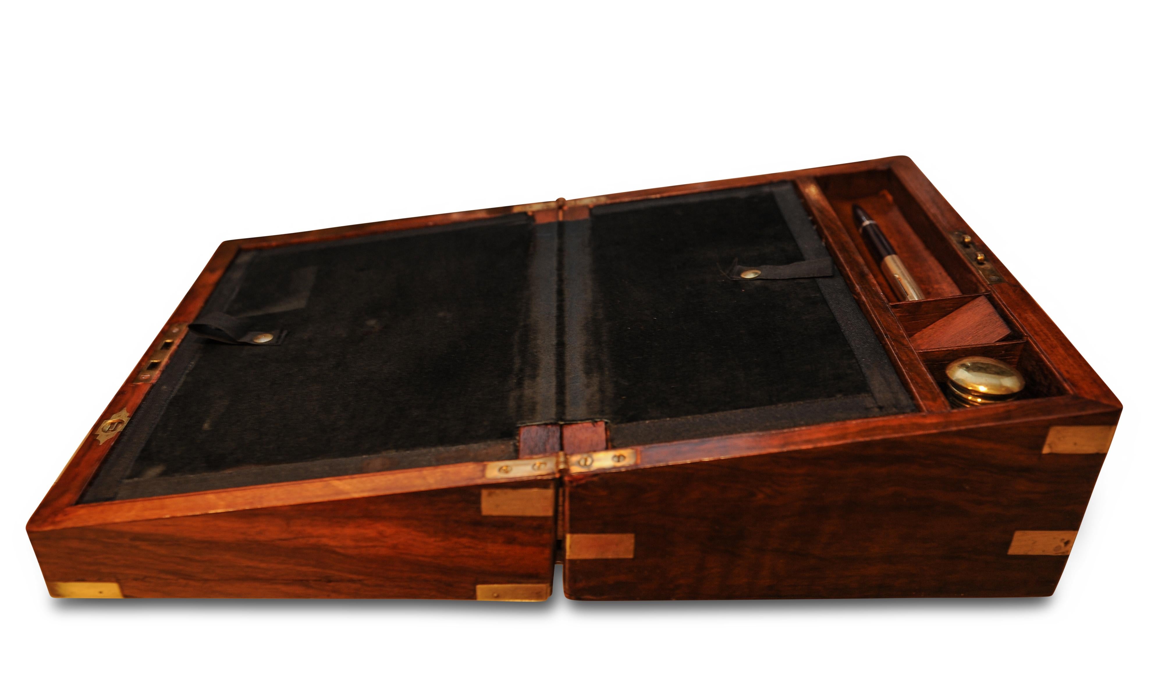British Colonial Military Campaign Brass Bound Victorian Walnut Veneered Writing Slope with Key For Sale