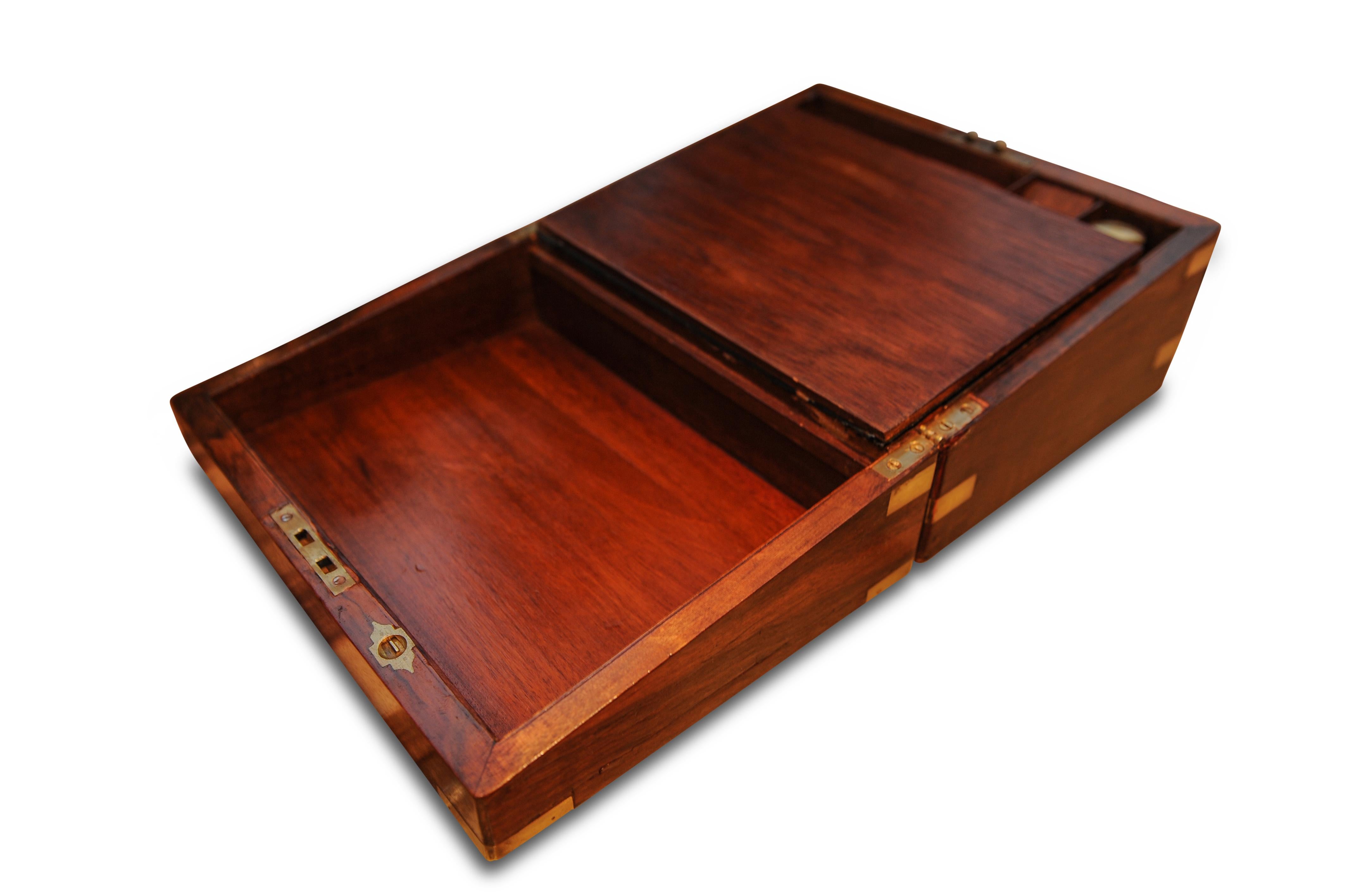 English Military Campaign Brass Bound Victorian Walnut Veneered Writing Slope with Key For Sale