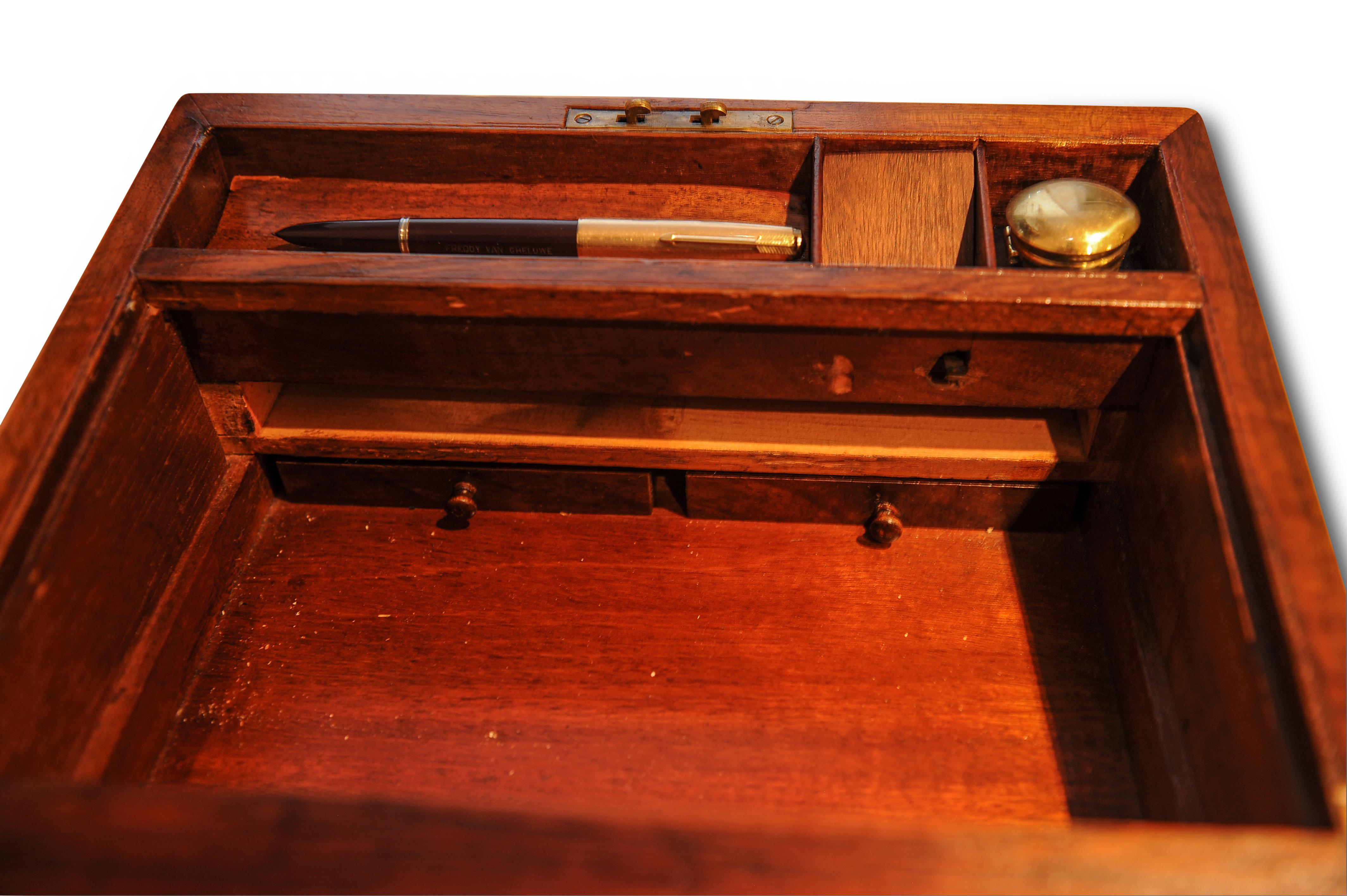 Hand-Crafted Military Campaign Brass Bound Victorian Walnut Veneered Writing Slope with Key For Sale