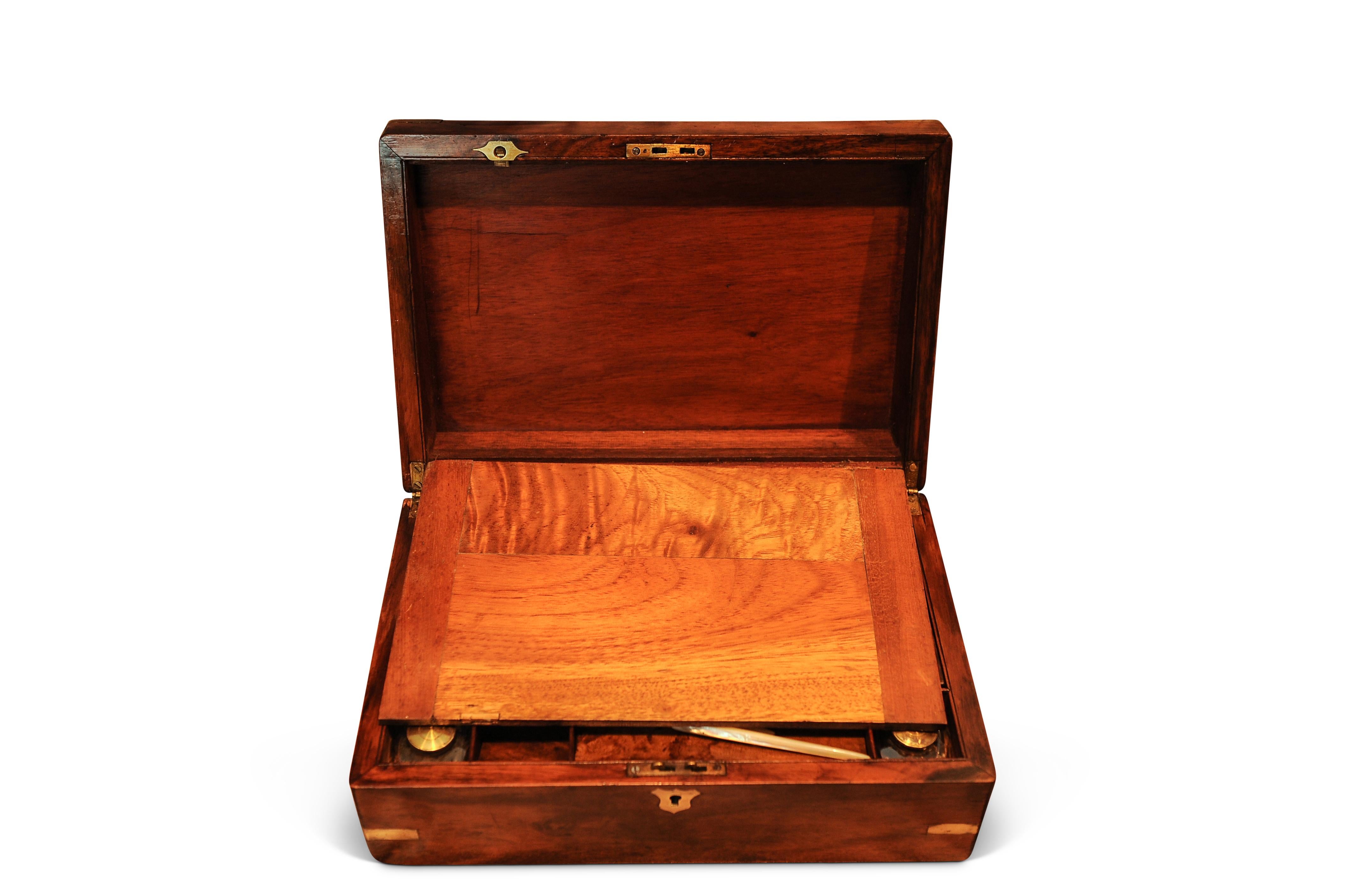 Hand-Crafted Military Campaign Brass Bound Victorian Walnut Veneered Writing Slope with Keys