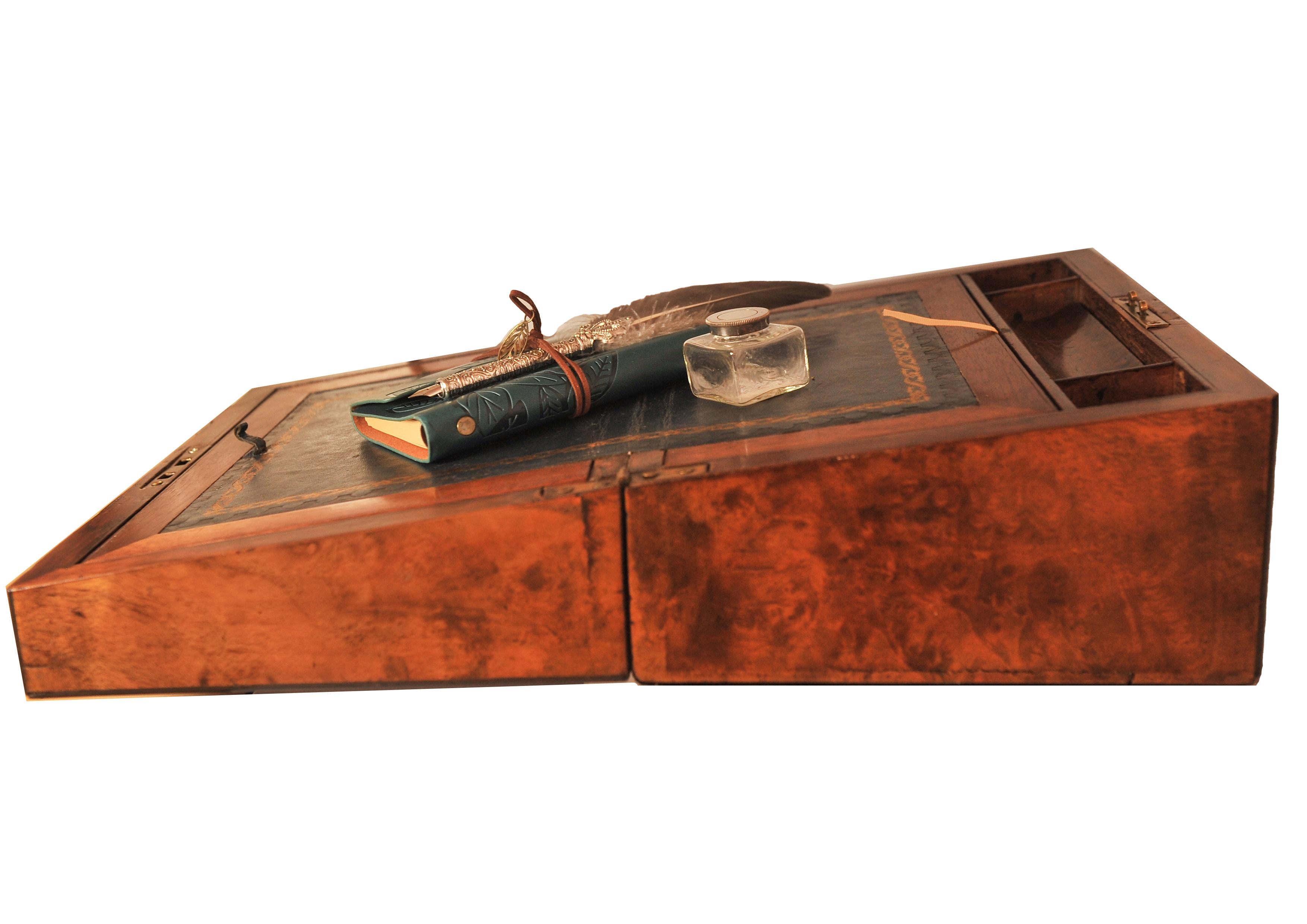 Hand-Crafted Military Campaign Burr Walnut & Brass Bound Writing Slope With Leather Interior For Sale