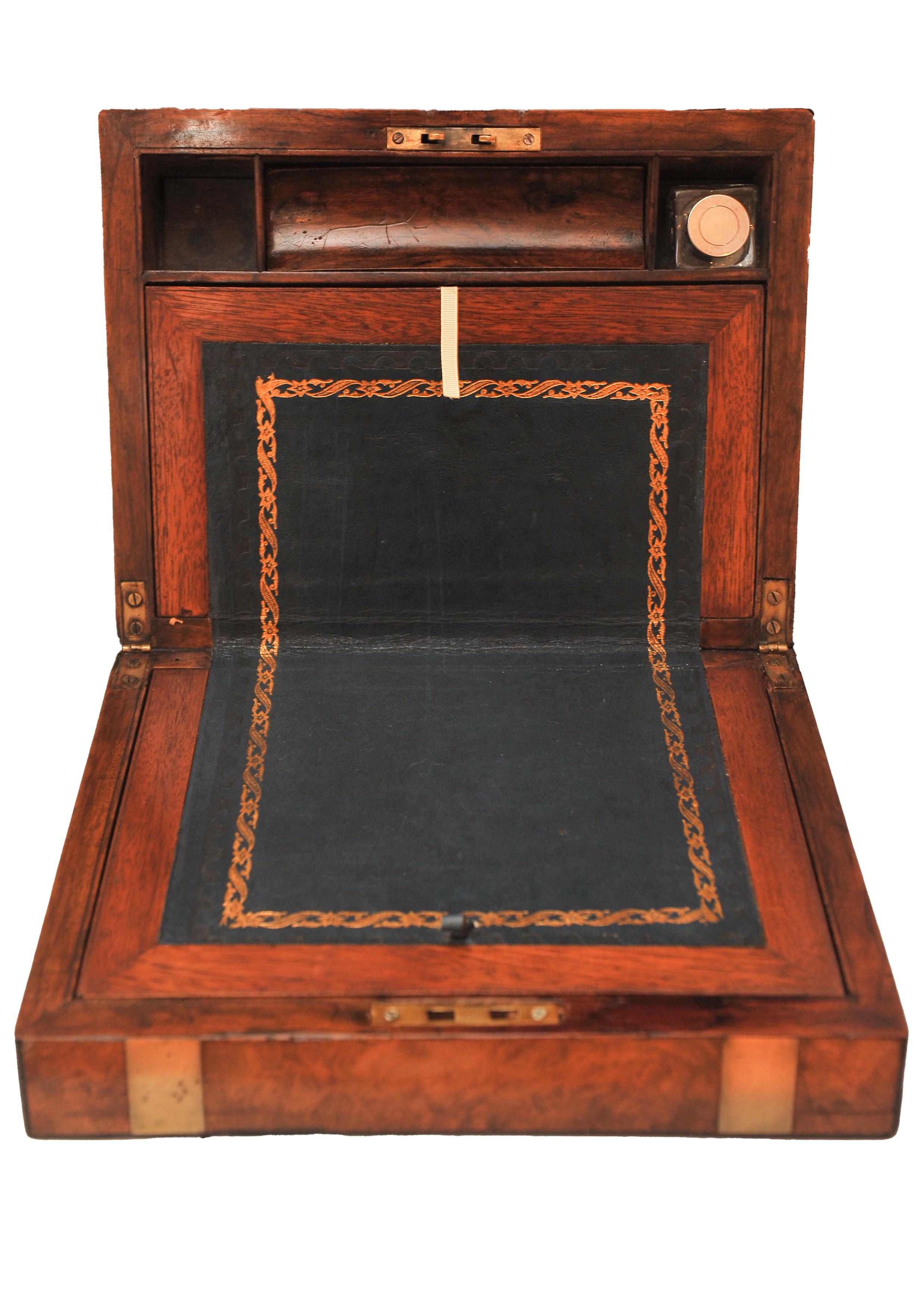 Military Campaign Burr Walnut & Brass Bound Writing Slope With Leather Interior In Good Condition For Sale In High Wycombe, GB