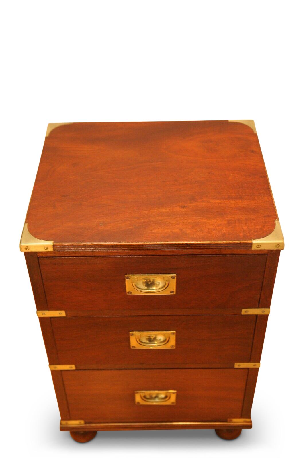 British Military Campaign Chest Brass Bound Mahogany Three-Drawer Pedestal, Side Table