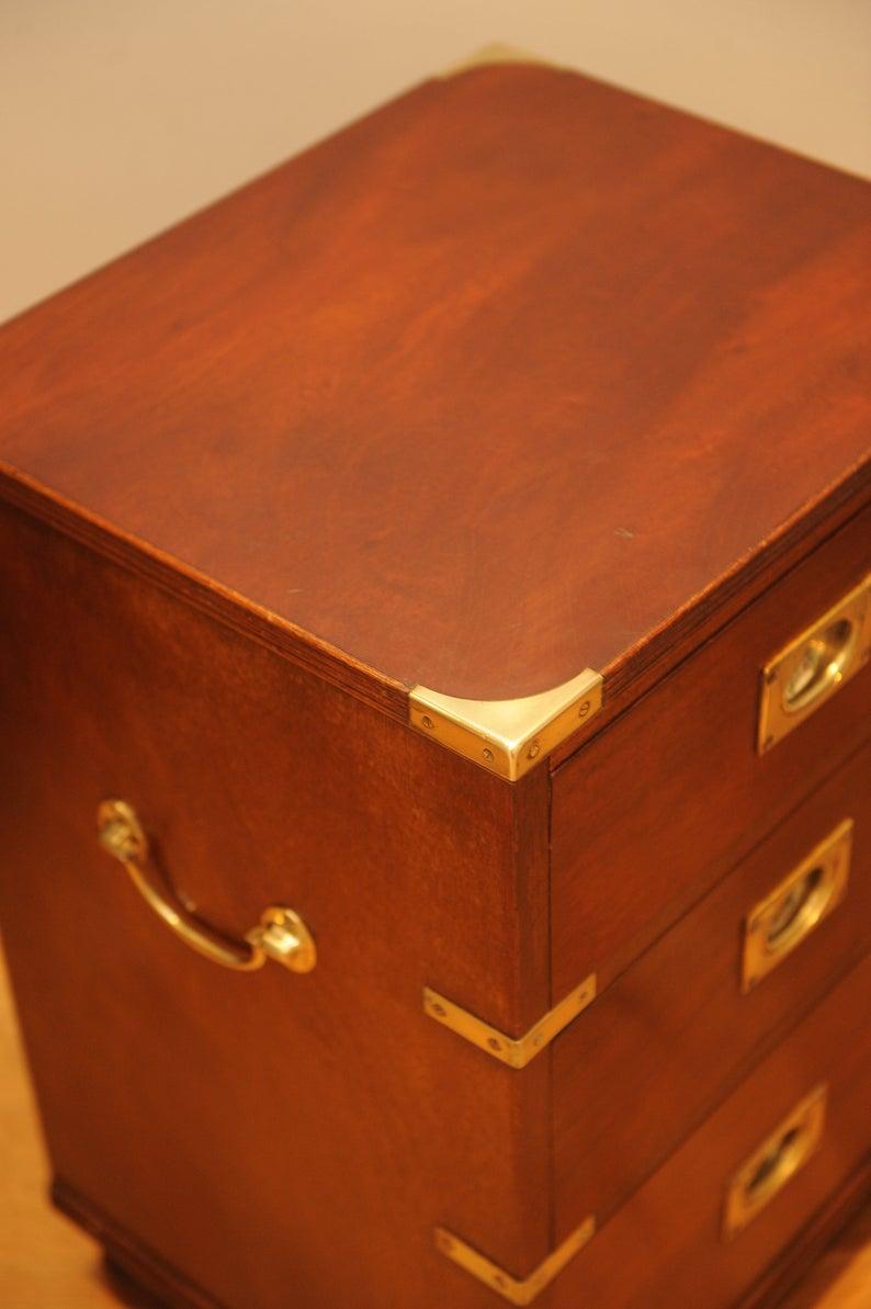 Mid-20th Century Military Campaign Chest Brass Bound Mahogany Three-Drawer Pedestal, Side Table