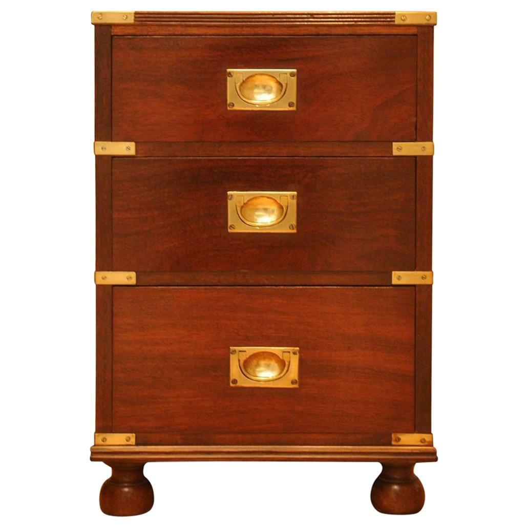 Military Campaign Chest Brass Bound Mahogany Three-Drawer Pedestal, Side Table