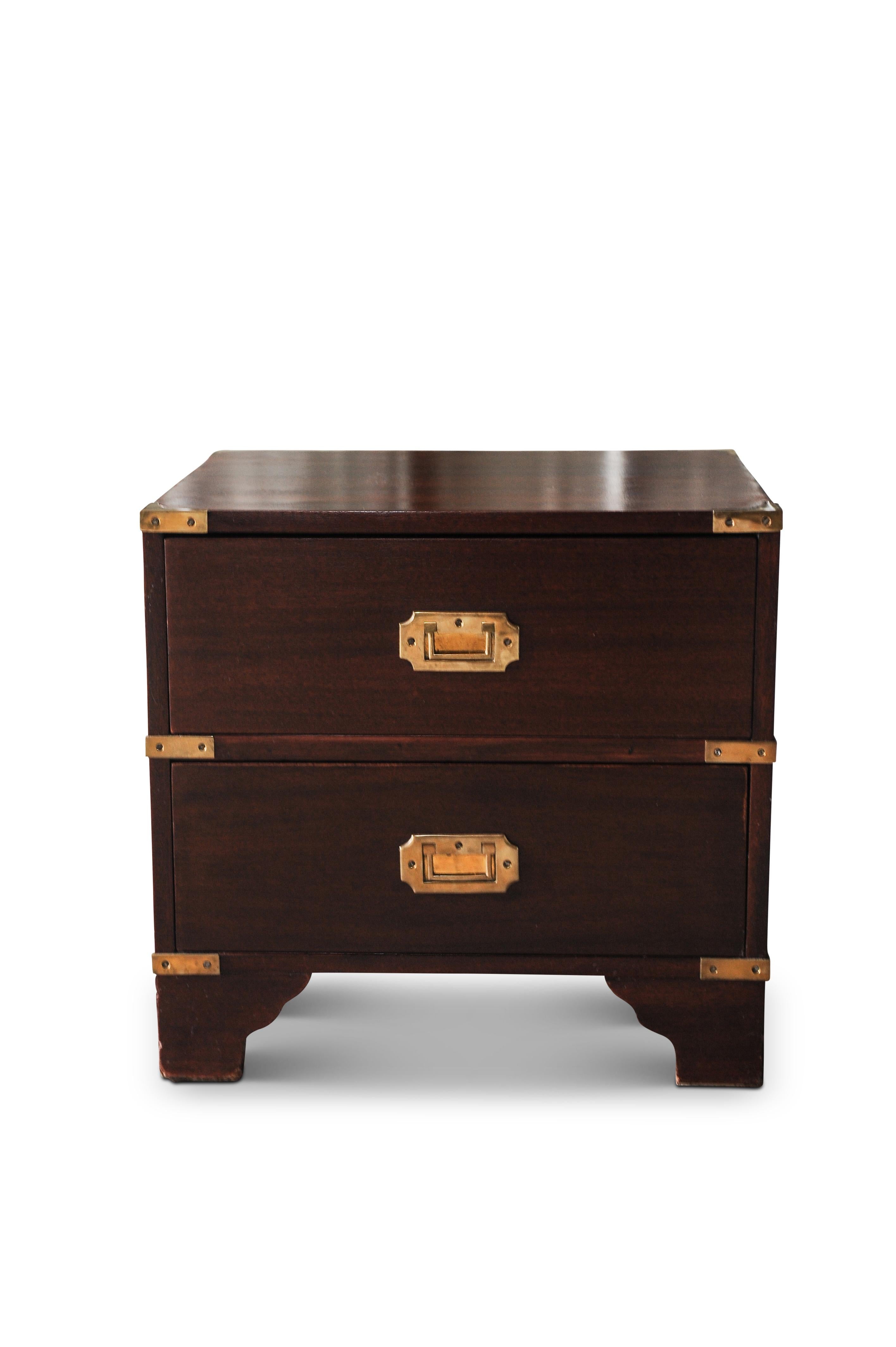 A Military Campaign chest brass bound mahogany three-drawer pedestal side table, with handmade dove tails and brass handles.

and

A Chinese red lacquered wedding chest, cabinet with brass fittings