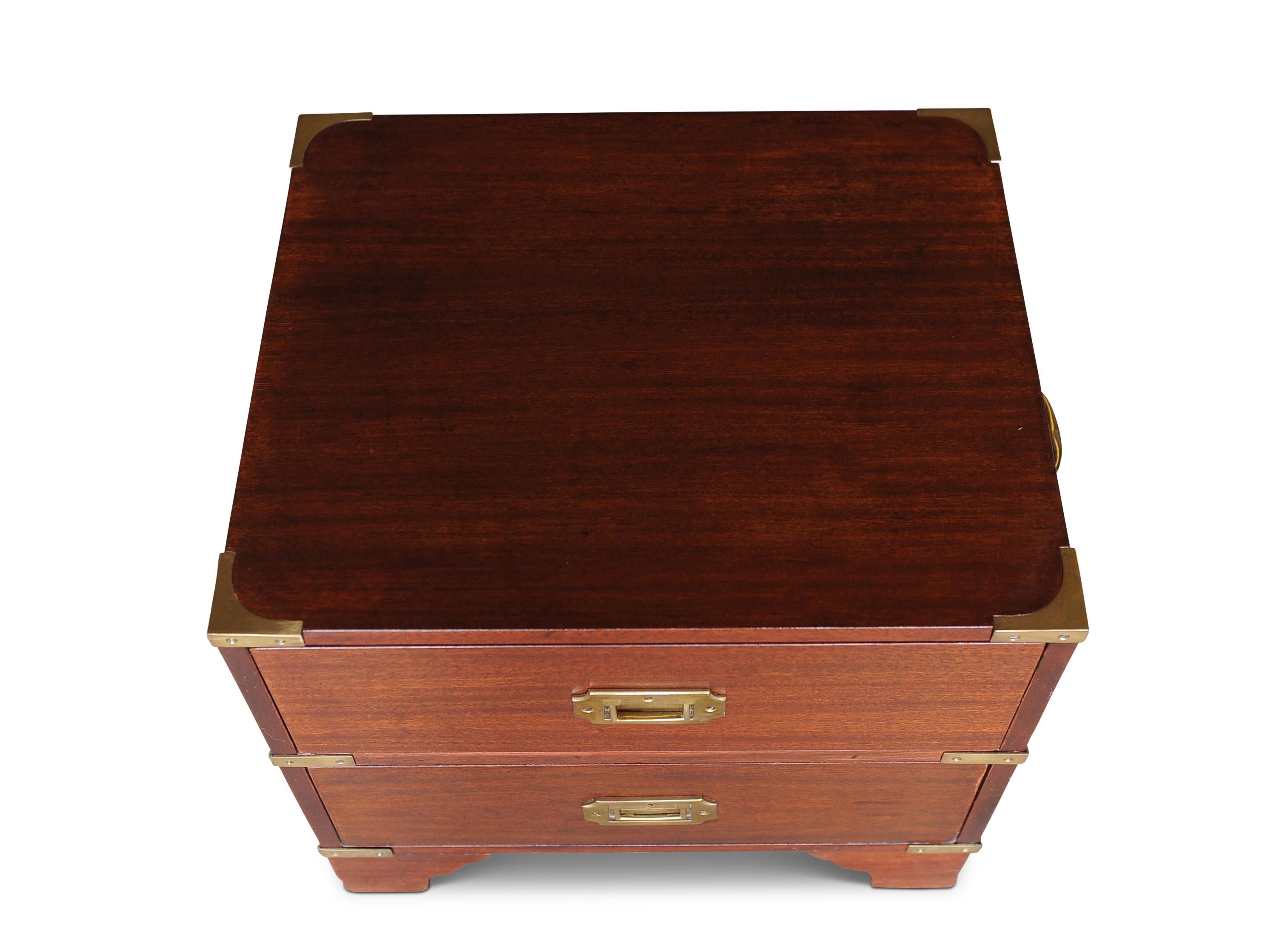 Mid-20th Century Military Campaign Chest Brass Bound Mahogany Two-Drawer Pedestal Table