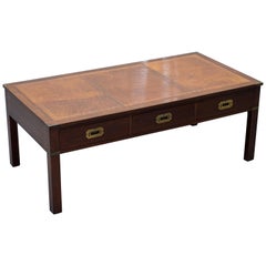 Military Campaign Coffee Table with Brown Leather Surface and Drawers