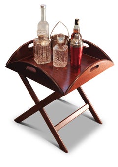 Military Campaign Square Mahogany & Brass Butlers Tray on Folding Stand