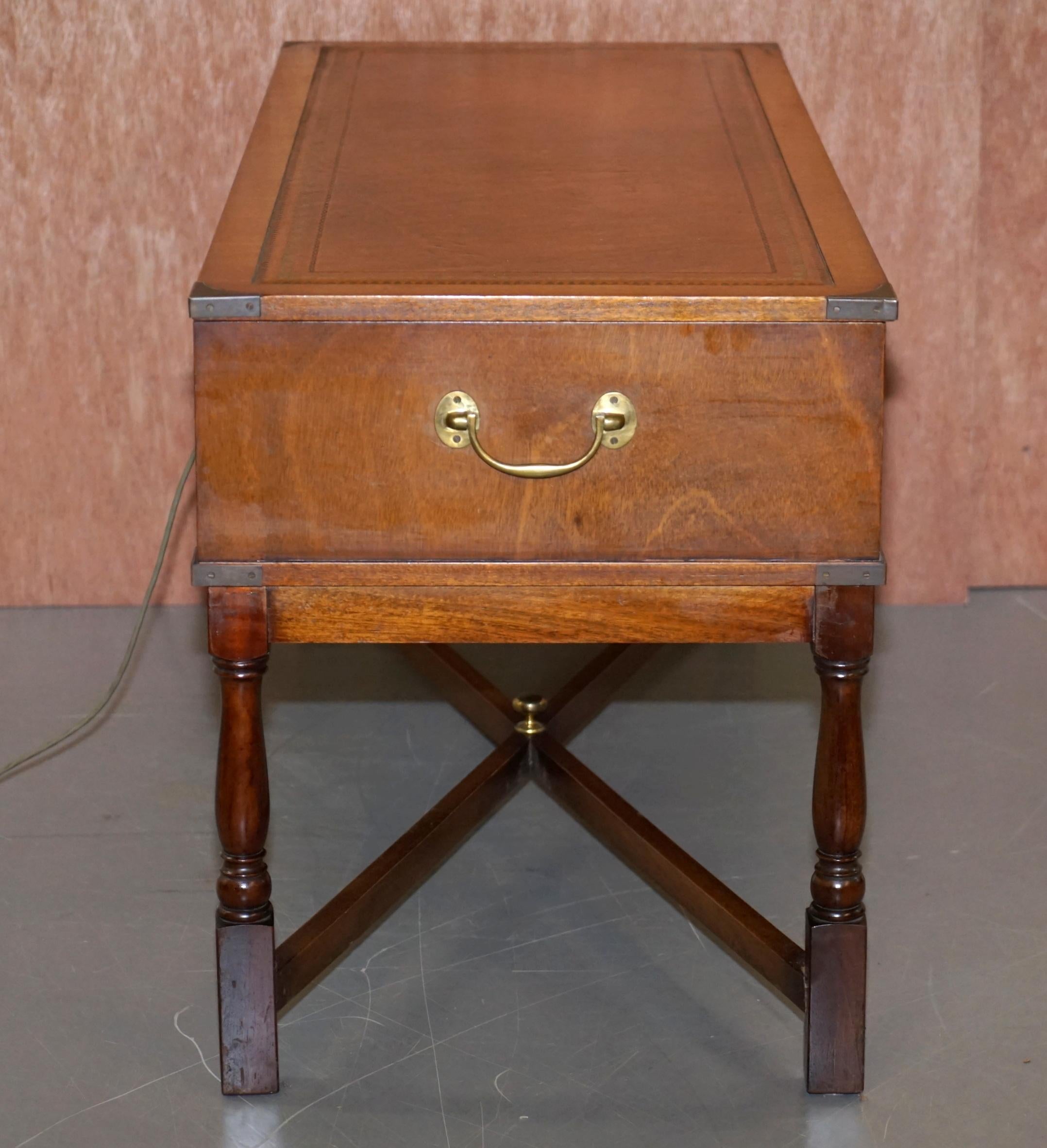 Leather Military Campaign Style Console Coffee Table Hidden Radio Tape Record Player For Sale