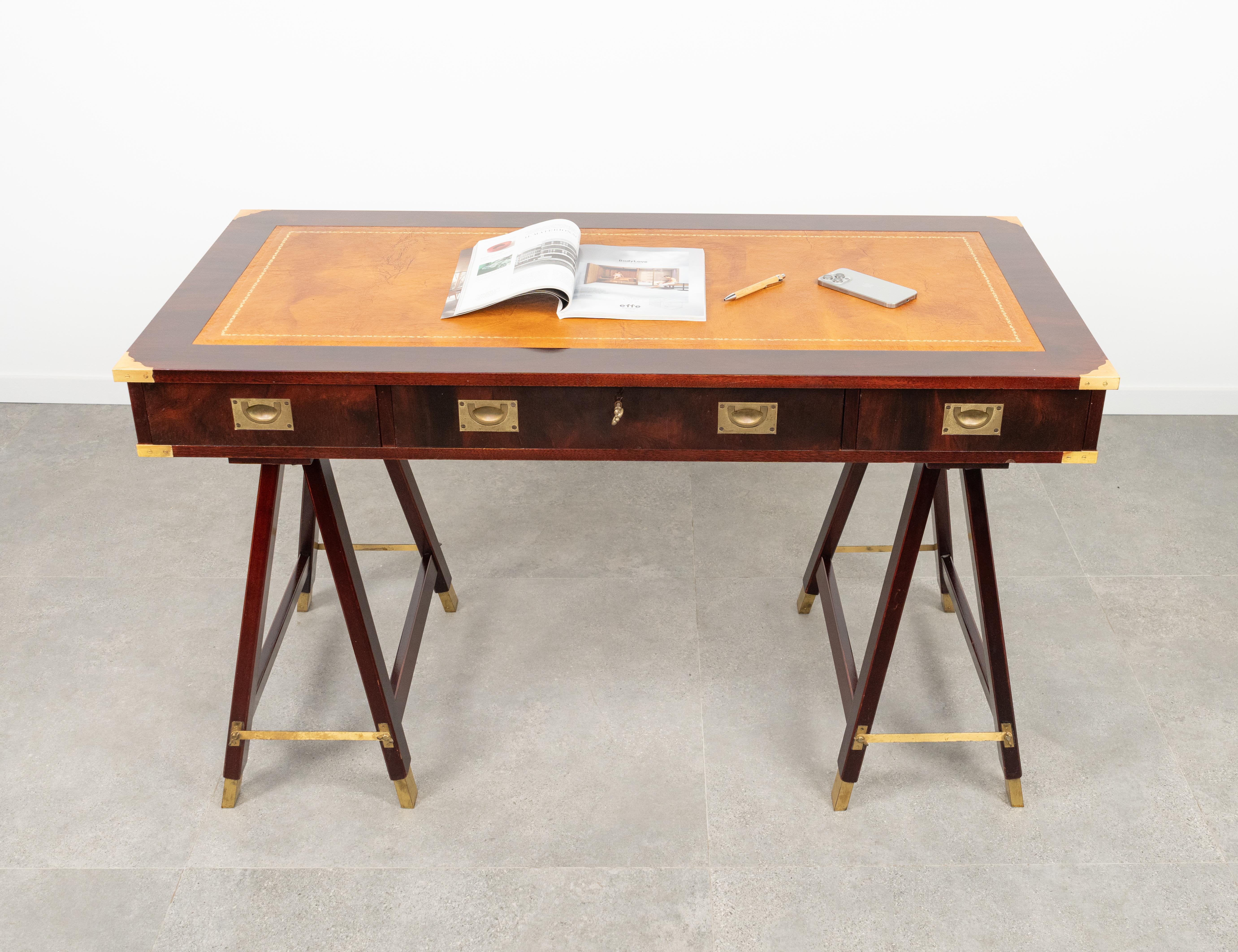 Military Campaign Style Desk Table in Wood, Brass and Leather, Italy 1960s 6
