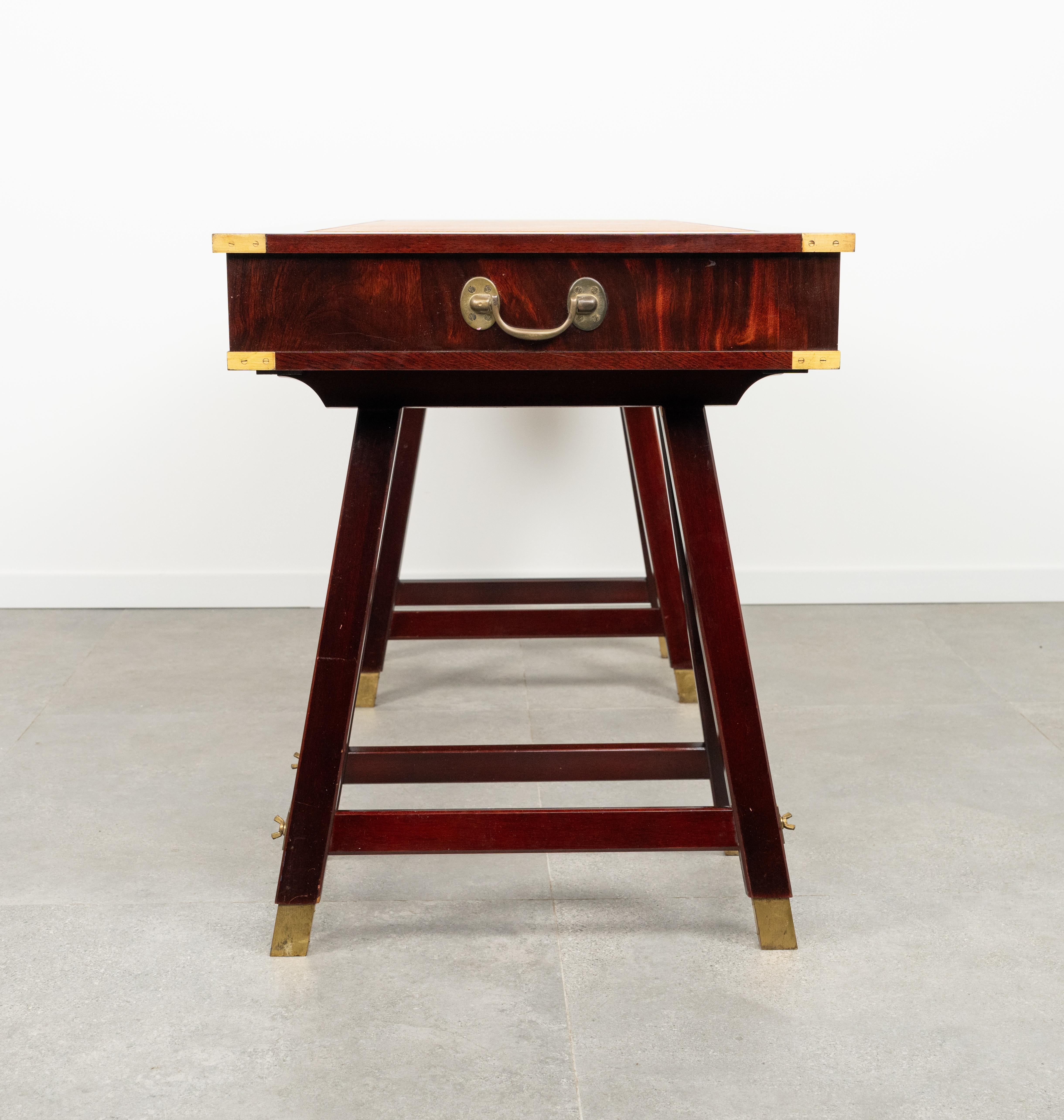 Military Campaign Style Desk Table in Wood, Brass and Leather, Italy 1960s For Sale 9
