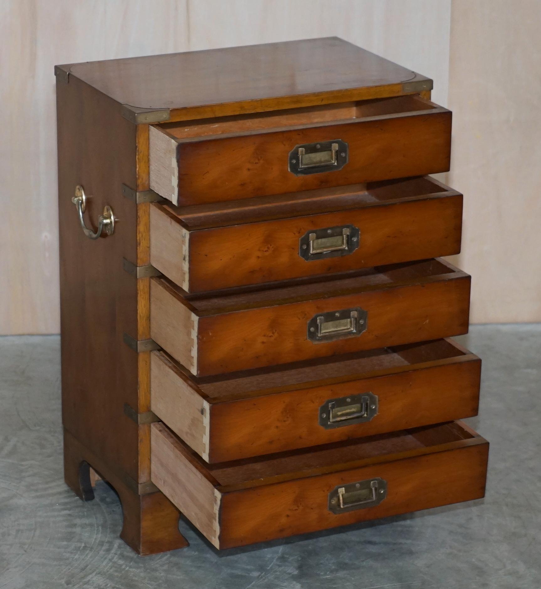 Military Campaign Style Vintage Burr Walnut Side Table Sized Chest of Drawers For Sale 7